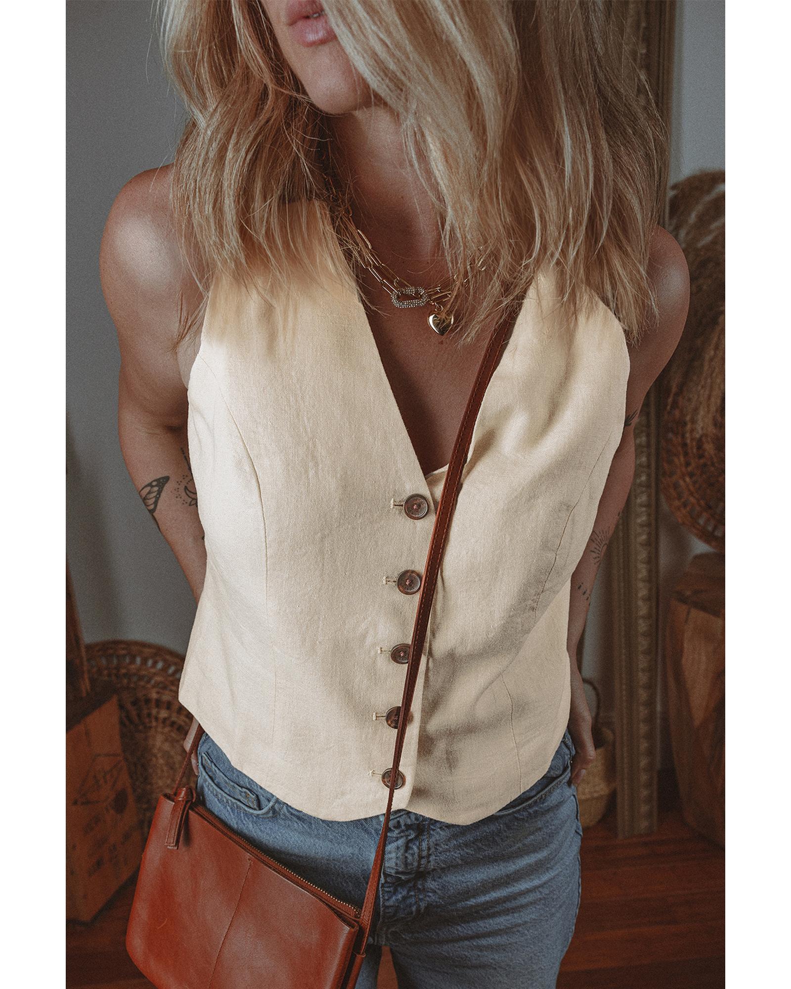 White Slim Fit Buttoned V Neck Vest - M