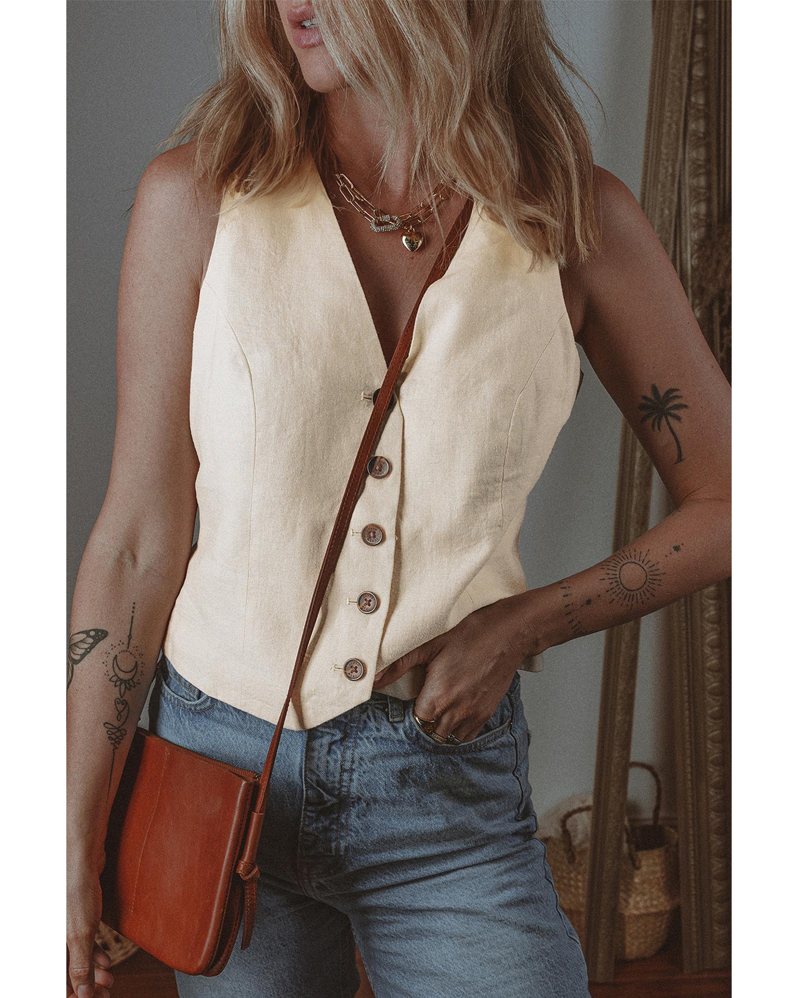 White Slim Fit Buttoned V Neck Vest - M