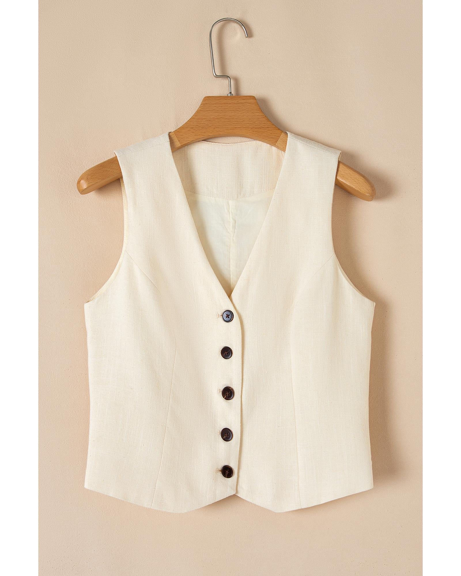 White Slim Fit Buttoned V Neck Vest - M