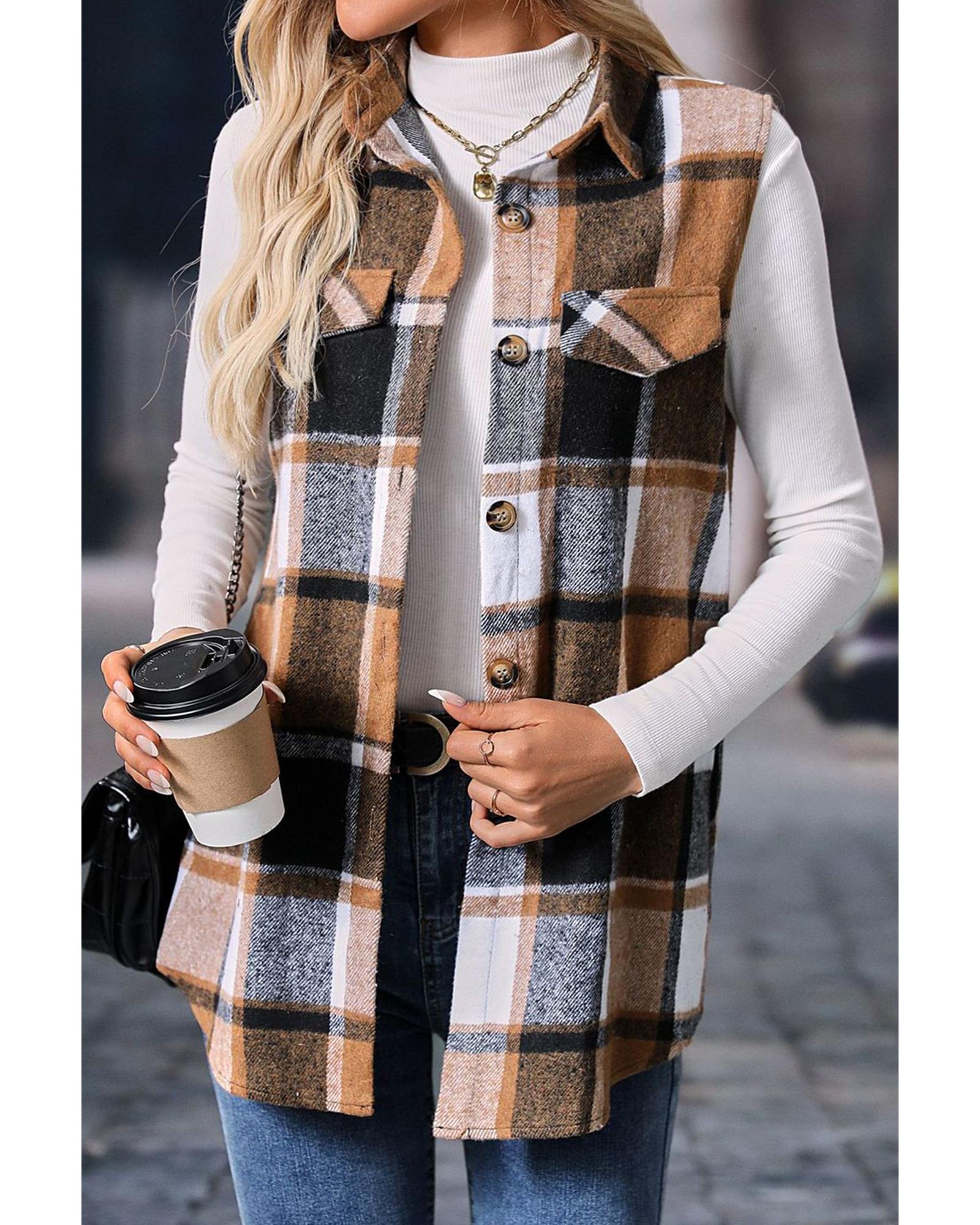Straw Yellow Retro Plaid Button up Collared Vest - L
