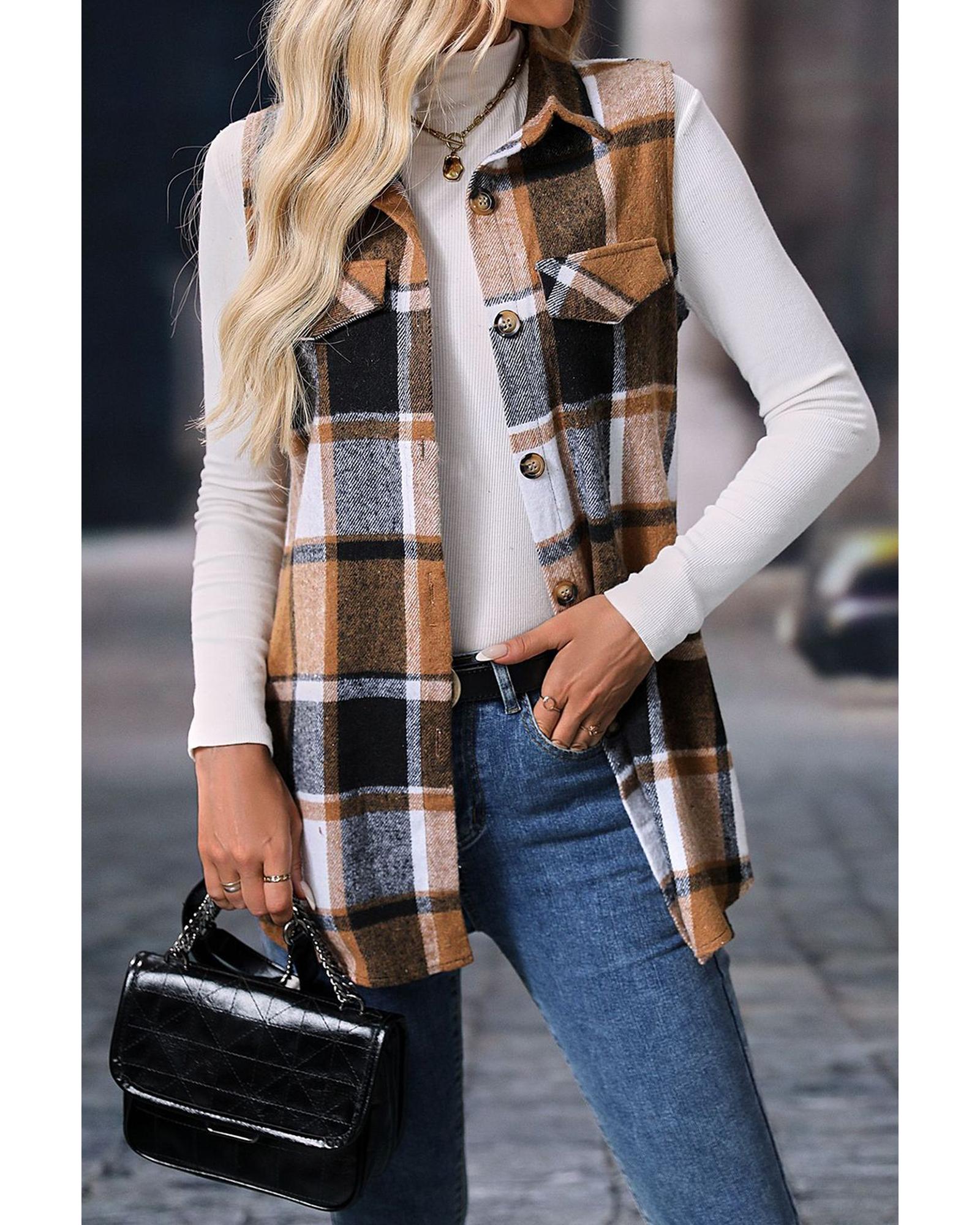 Straw Yellow Retro Plaid Button up Collared Vest - M