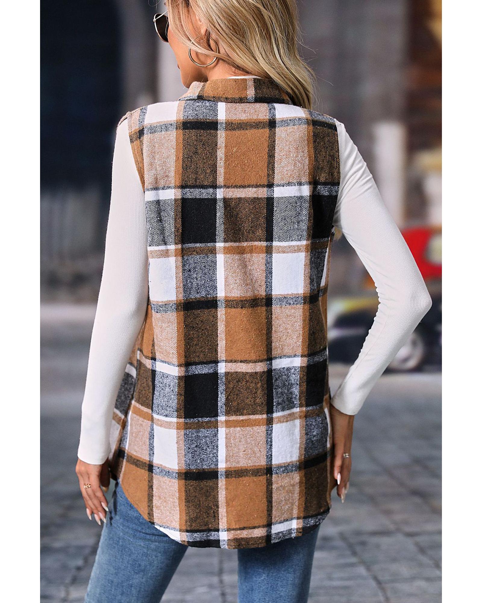 Straw Yellow Retro Plaid Button up Collared Vest - XL