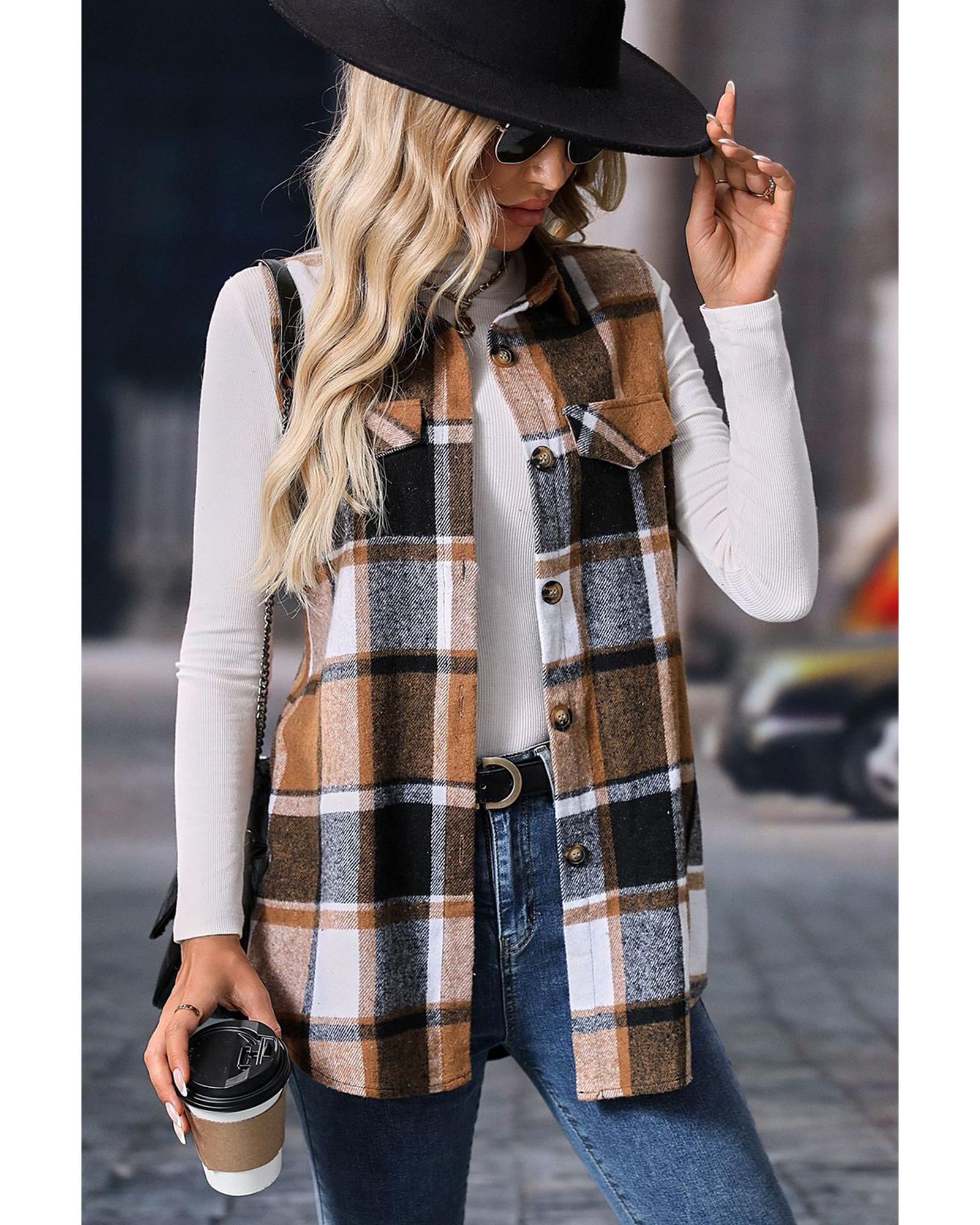 Straw Yellow Retro Plaid Button up Collared Vest - XL
