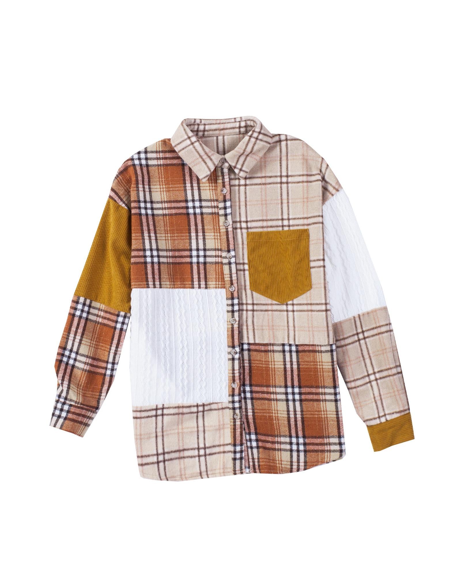 Orange Plaid Color Block Patchwork Shirt Jacket with Pocket - L
