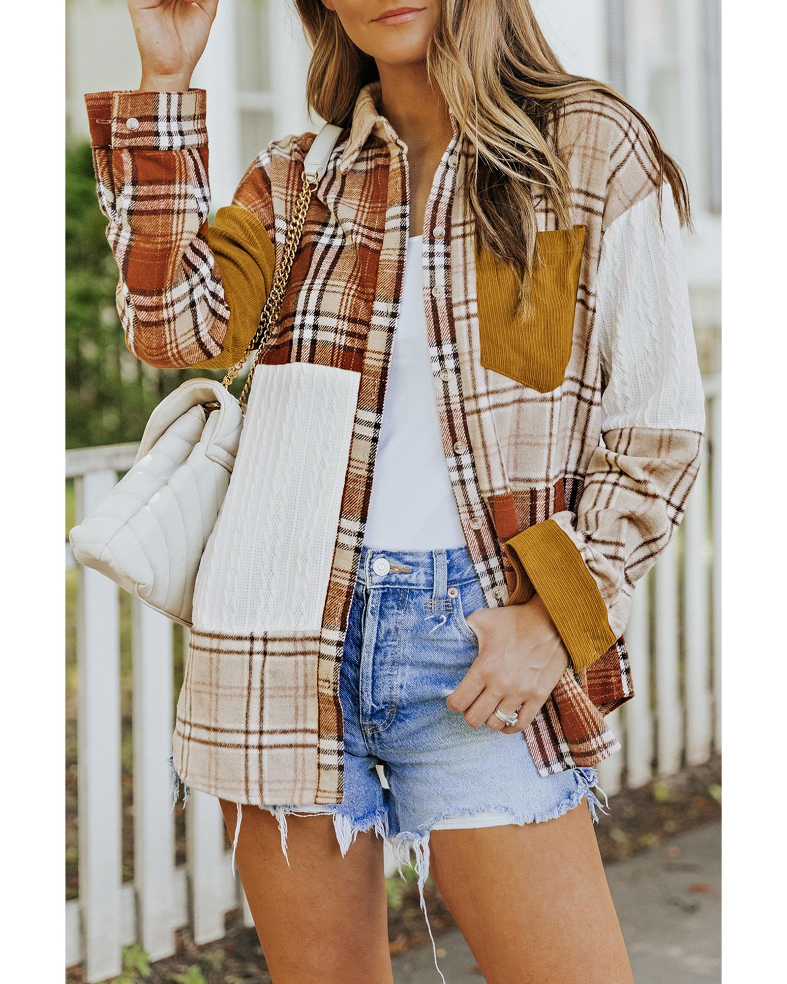 Orange Plaid Color Block Patchwork Shirt Jacket with Pocket - L