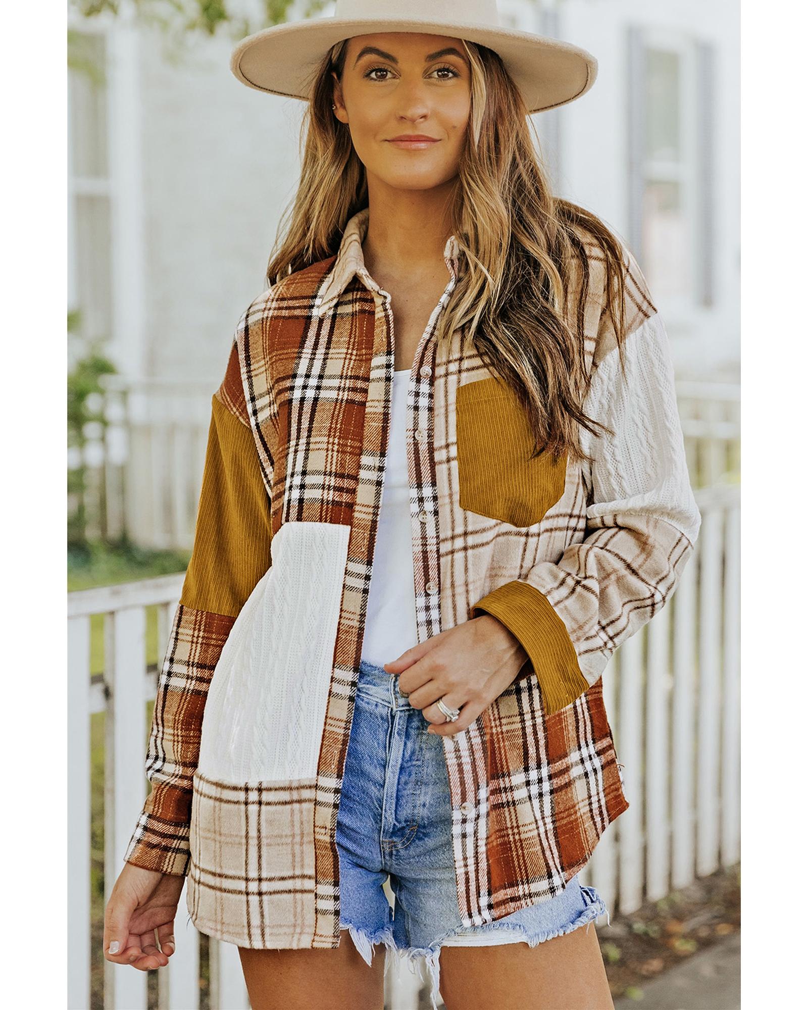 Orange Plaid Color Block Patchwork Shirt Jacket with Pocket - S