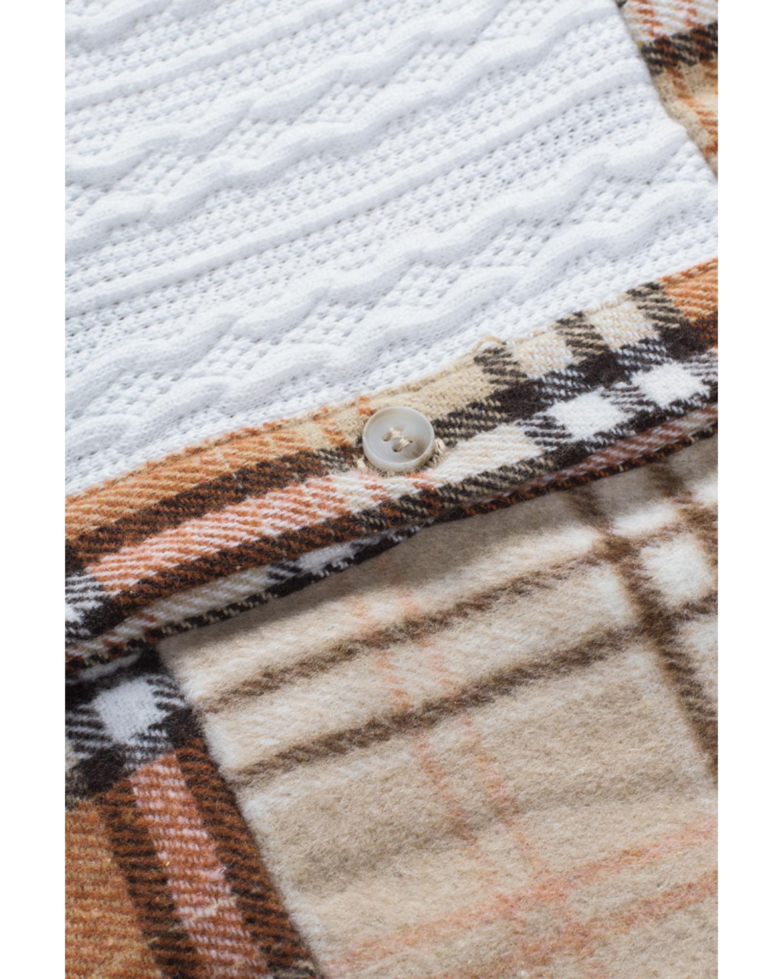 Orange Plaid Color Block Patchwork Shirt Jacket with Pocket - S