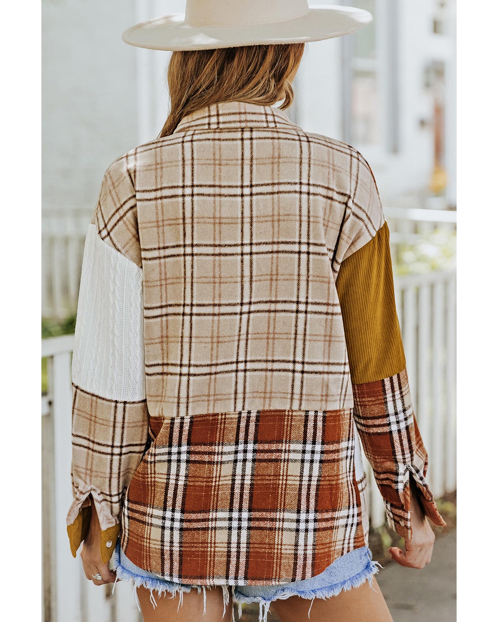 Orange Plaid Color Block Patchwork Shirt Jacket with Pocket - S