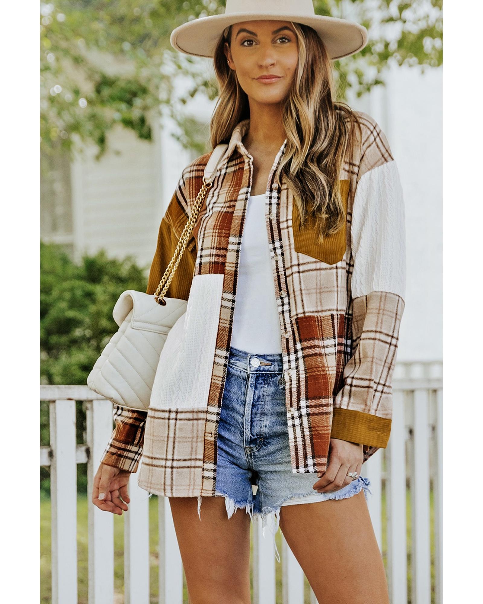 Orange Plaid Color Block Patchwork Shirt Jacket with Pocket - XL