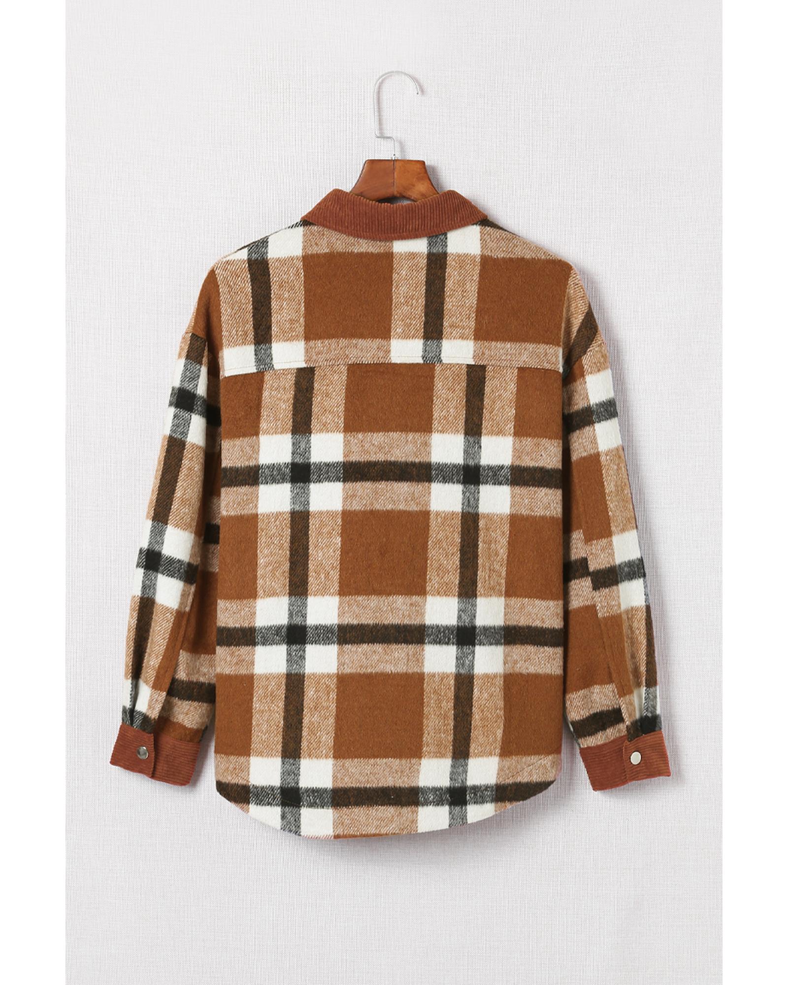 Brown Pocketed Buttoned Plaid Shirt Jacket - XL