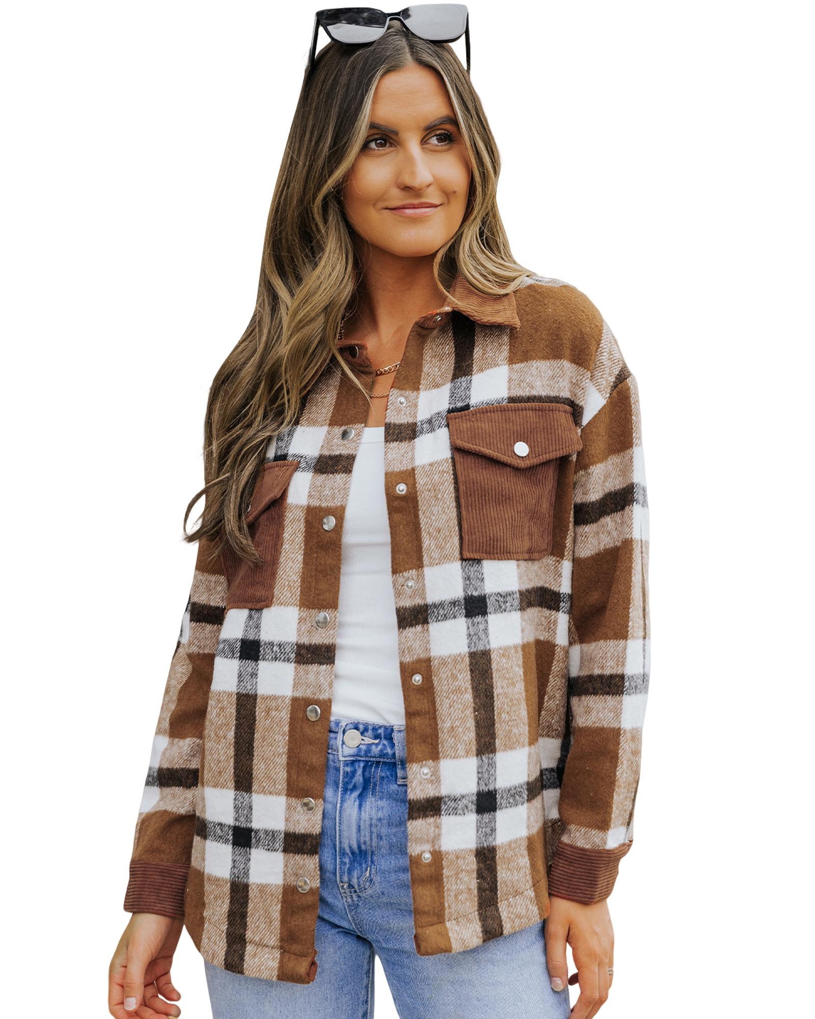 Brown Pocketed Buttoned Plaid Shirt Jacket - XL
