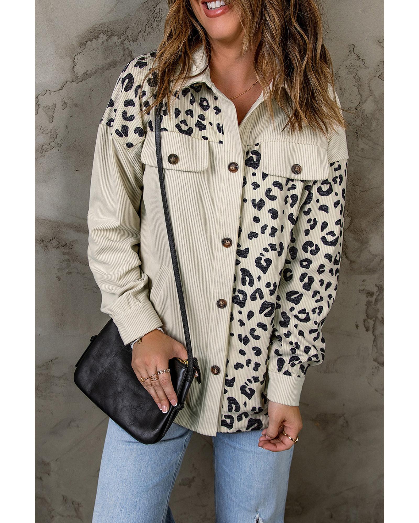 Apricot Leopard Print Detail Pocketed Corduroy Jacket - S