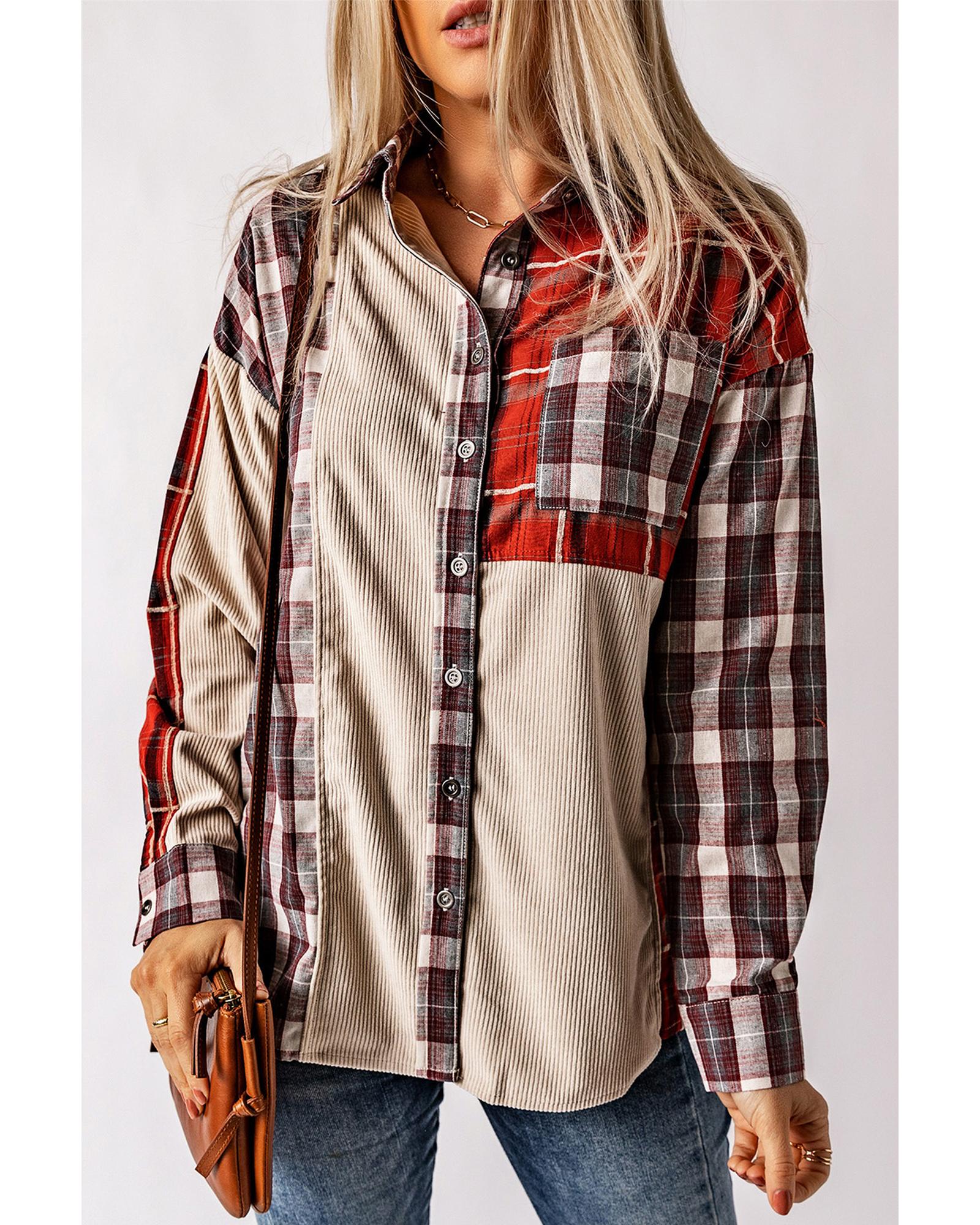 Plaid Corduroy Patchwork Shacket - 2XL