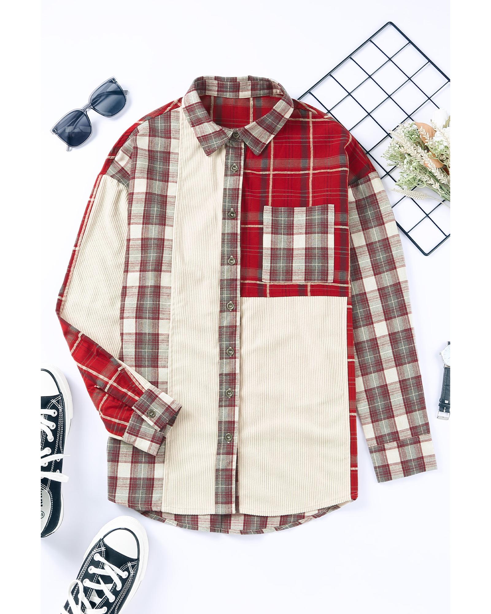 Plaid Corduroy Patchwork Shacket - L