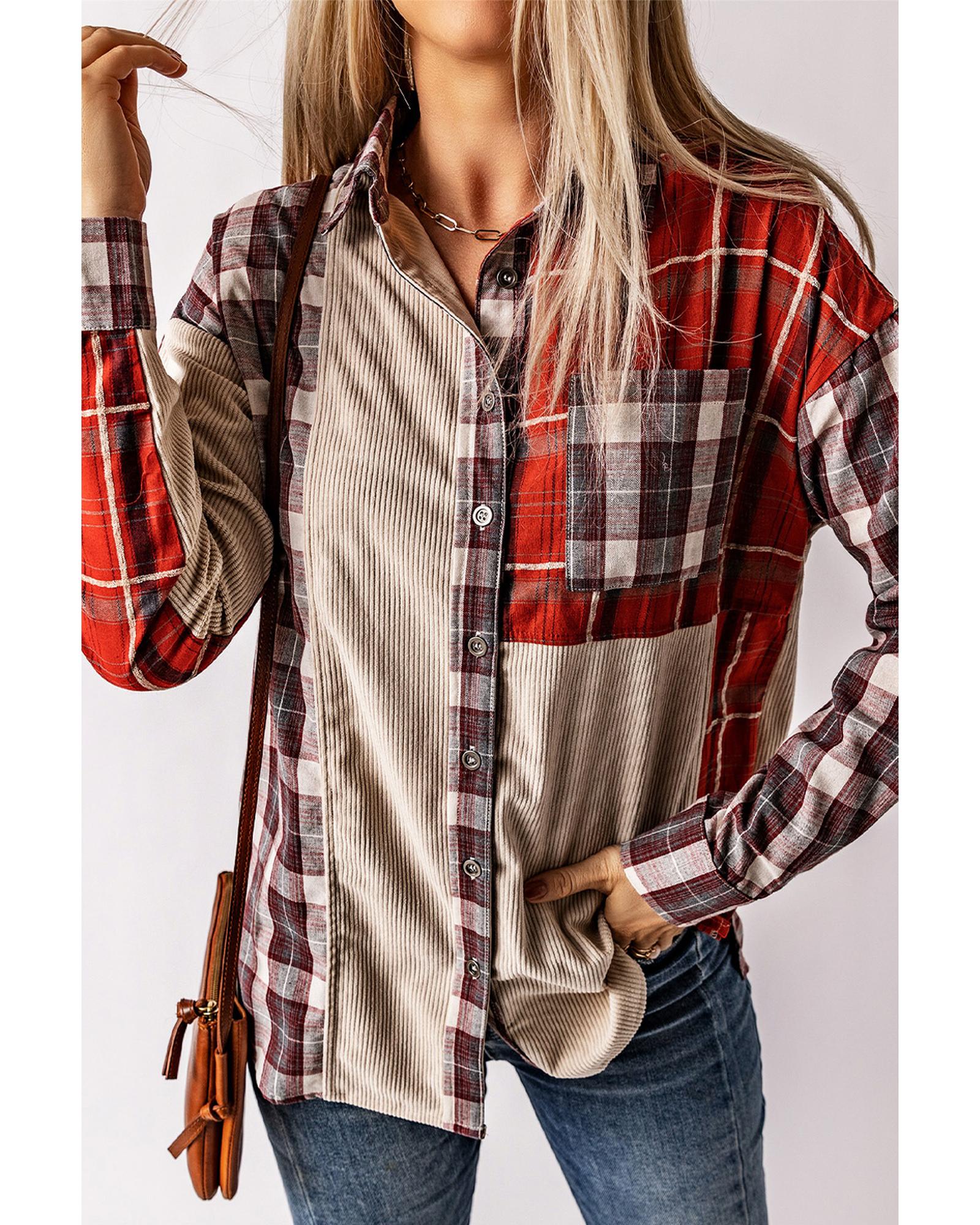 Plaid Corduroy Patchwork Shacket - M