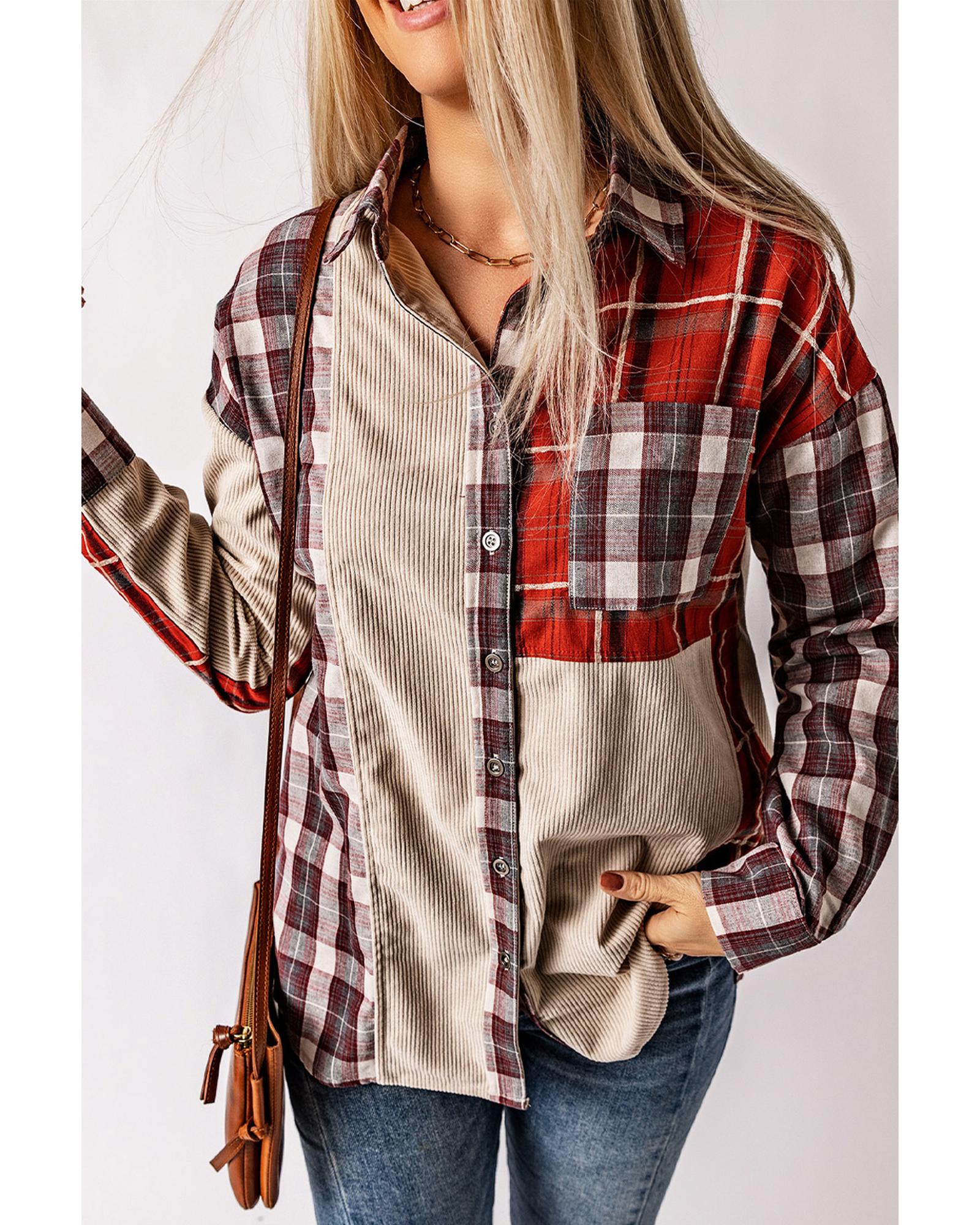Plaid Corduroy Patchwork Shacket - S