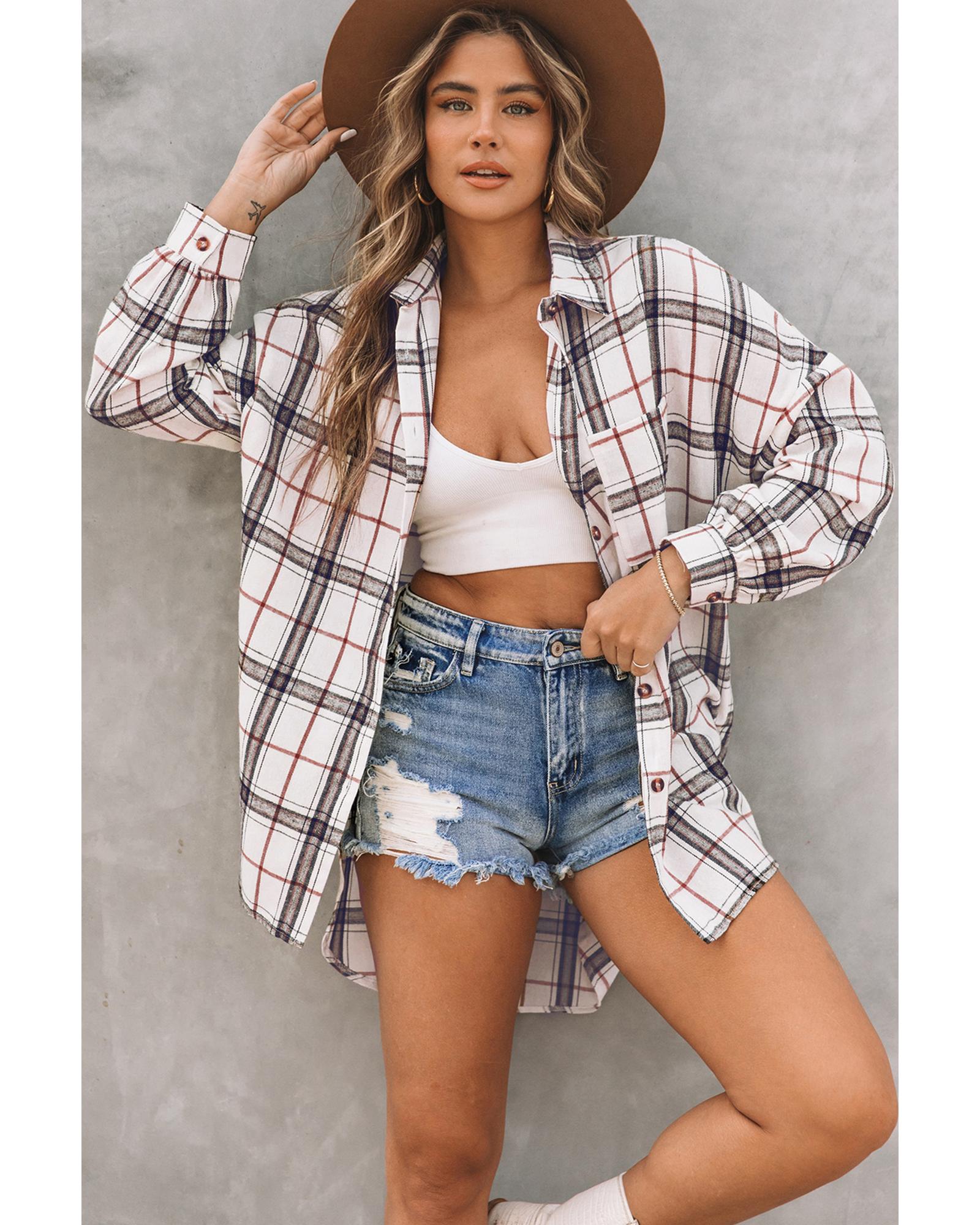 Azura Exchange White Oversized Plaid Pattern Shacket with Slits - 2XL