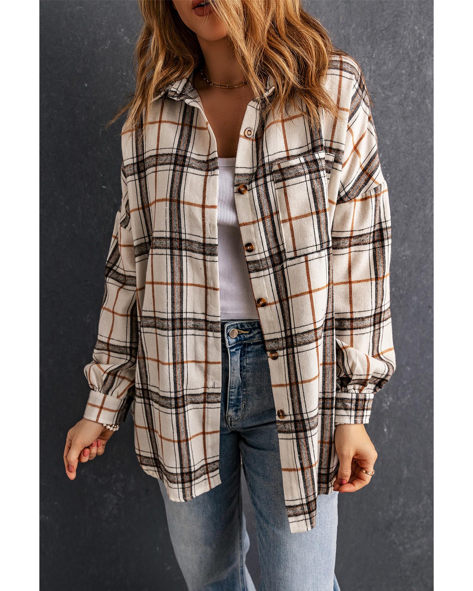 Azura Exchange White Oversized Plaid Pattern Shacket with Slits - M