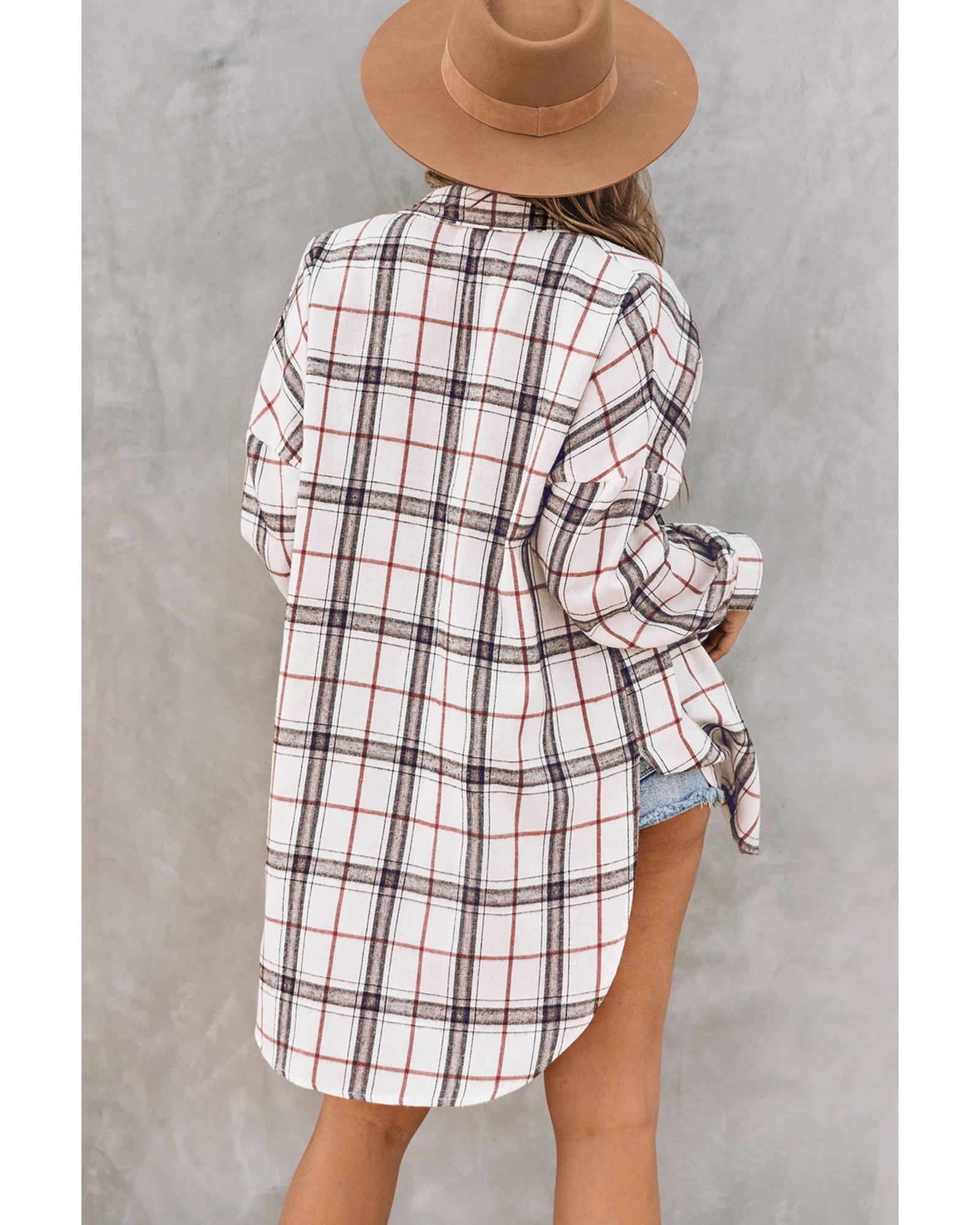 Azura Exchange White Oversized Plaid Pattern Shacket with Slits - M