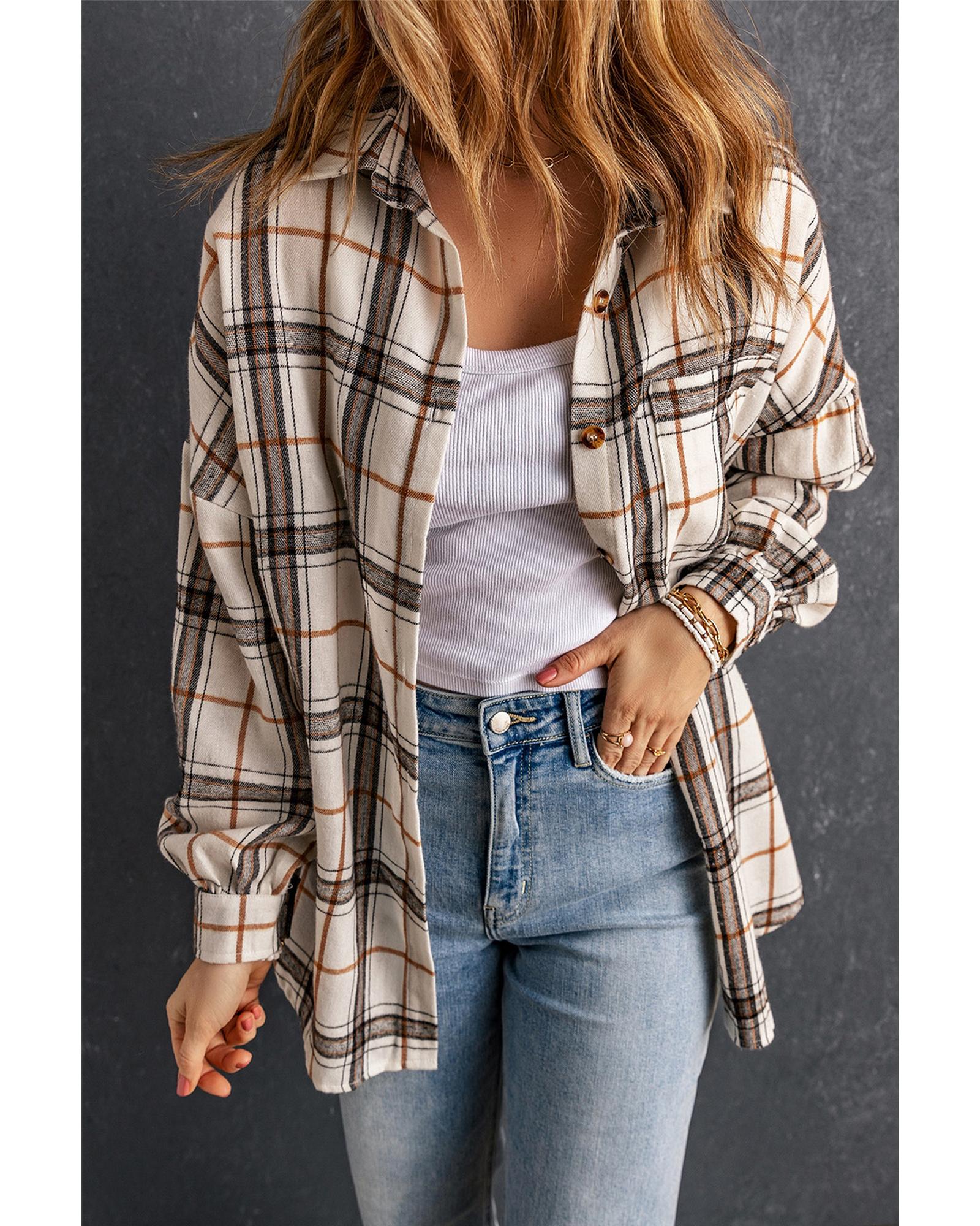 Azura Exchange White Oversized Plaid Pattern Shacket with Slits - S
