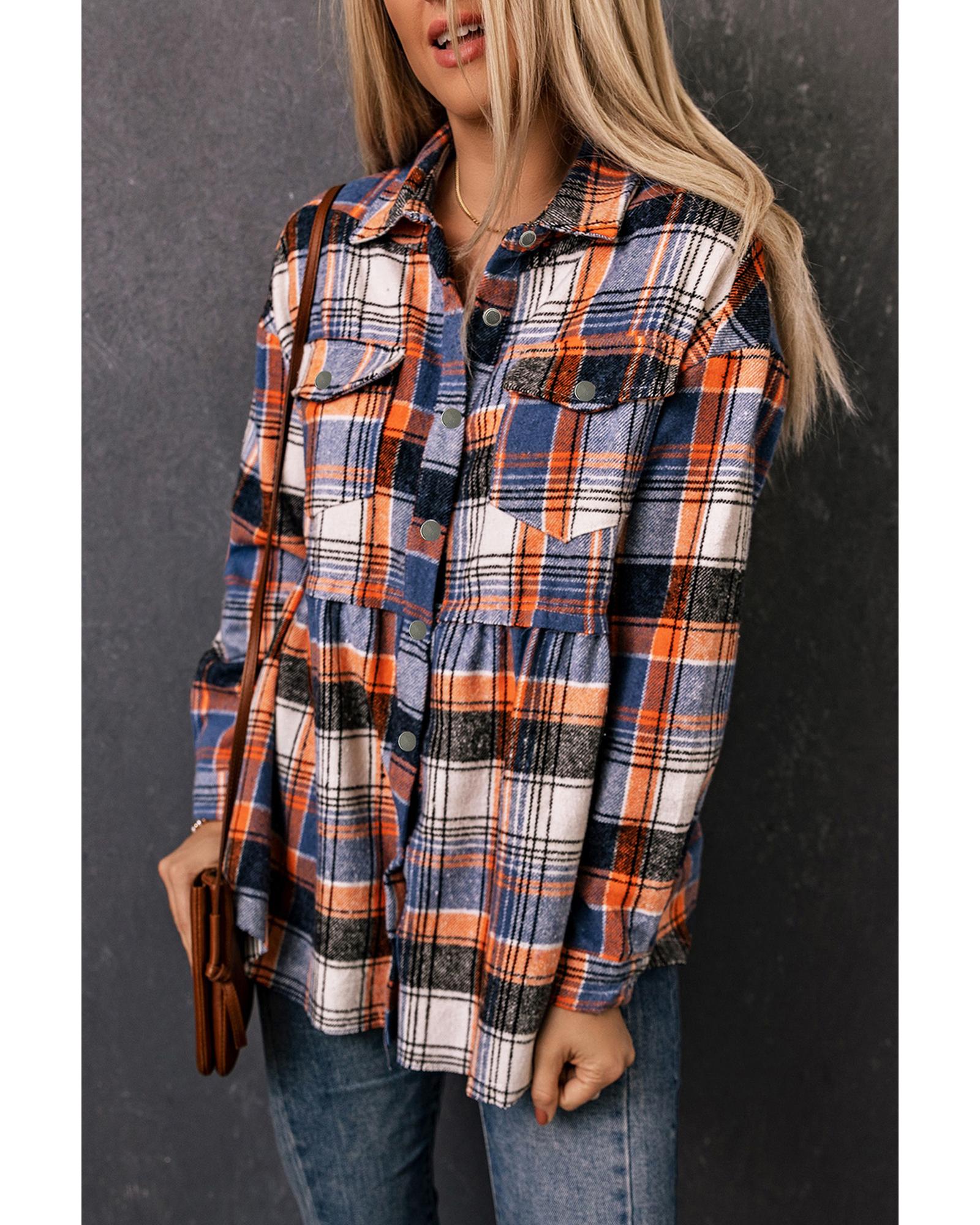 Multicolor Plaid Button Down Ruffled Shirt Jacket - 2XL