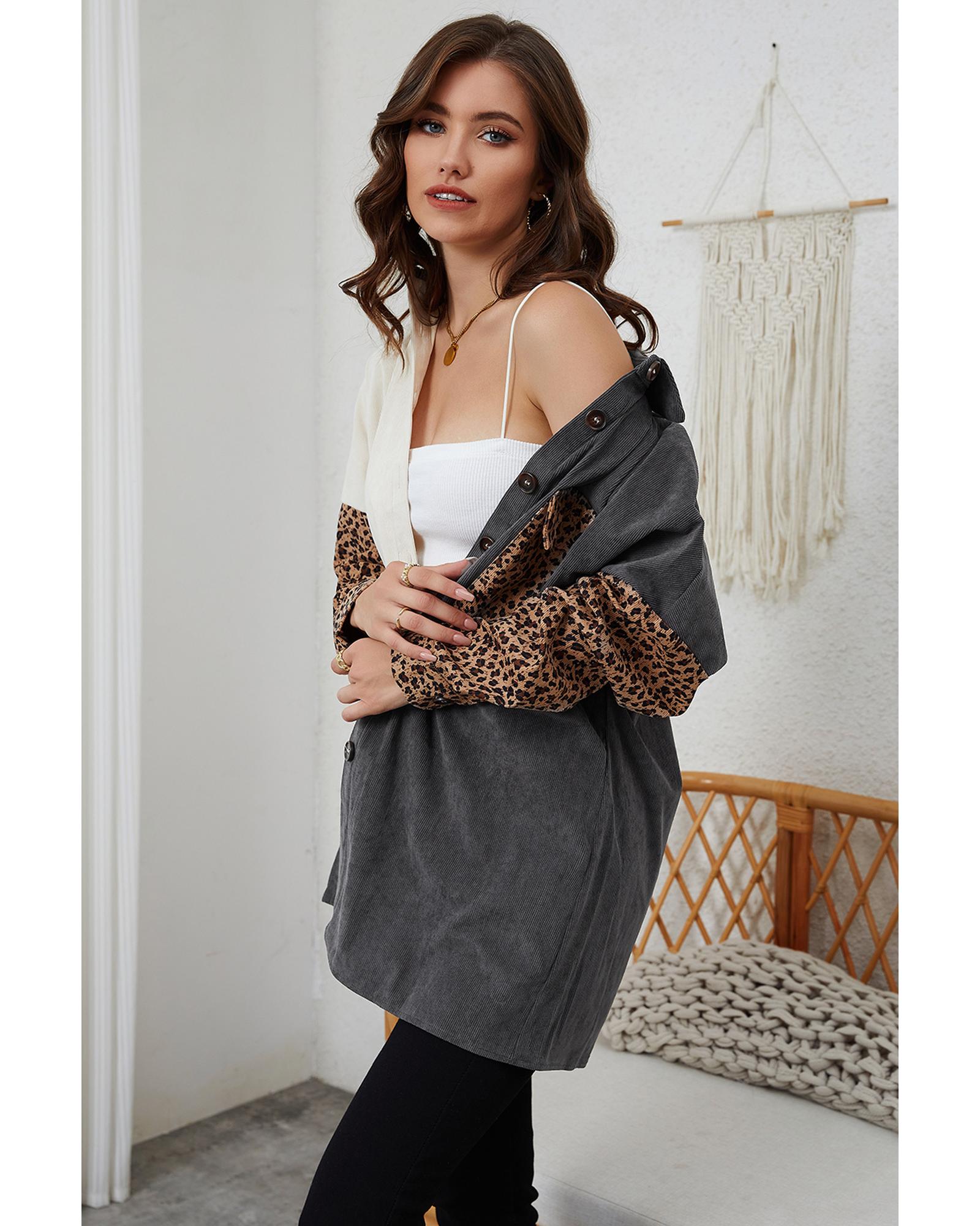 Gray Color Block Leopard Patched Corduroy Shacket - M