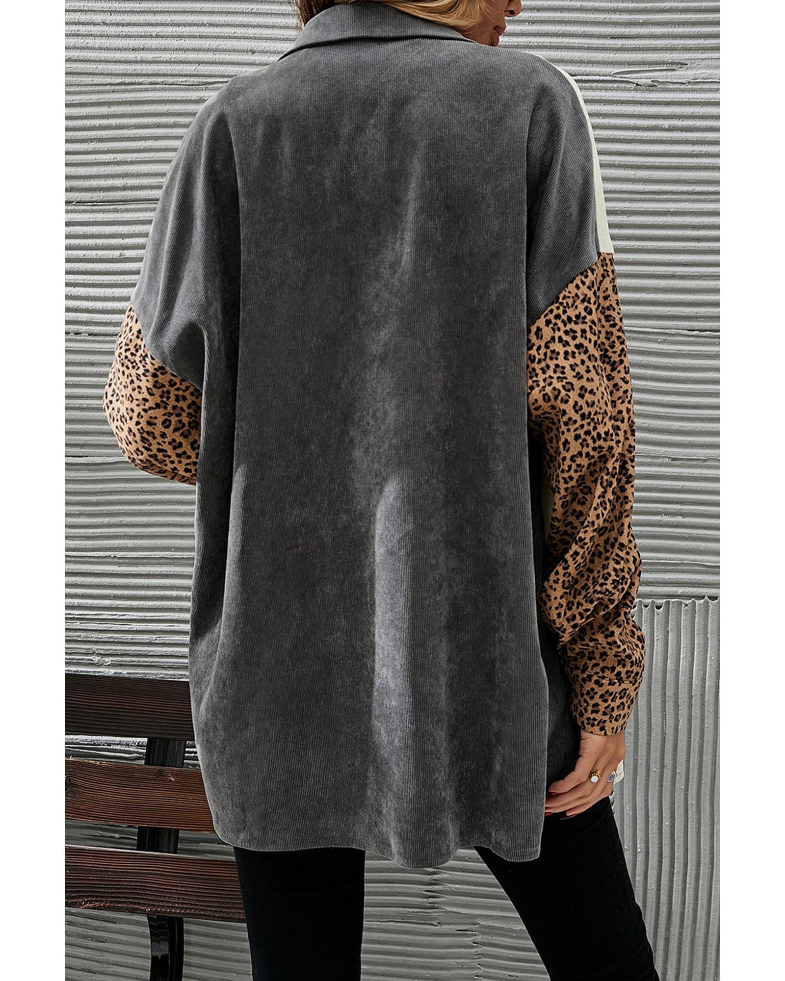 Gray Color Block Leopard Patched Corduroy Shacket - M