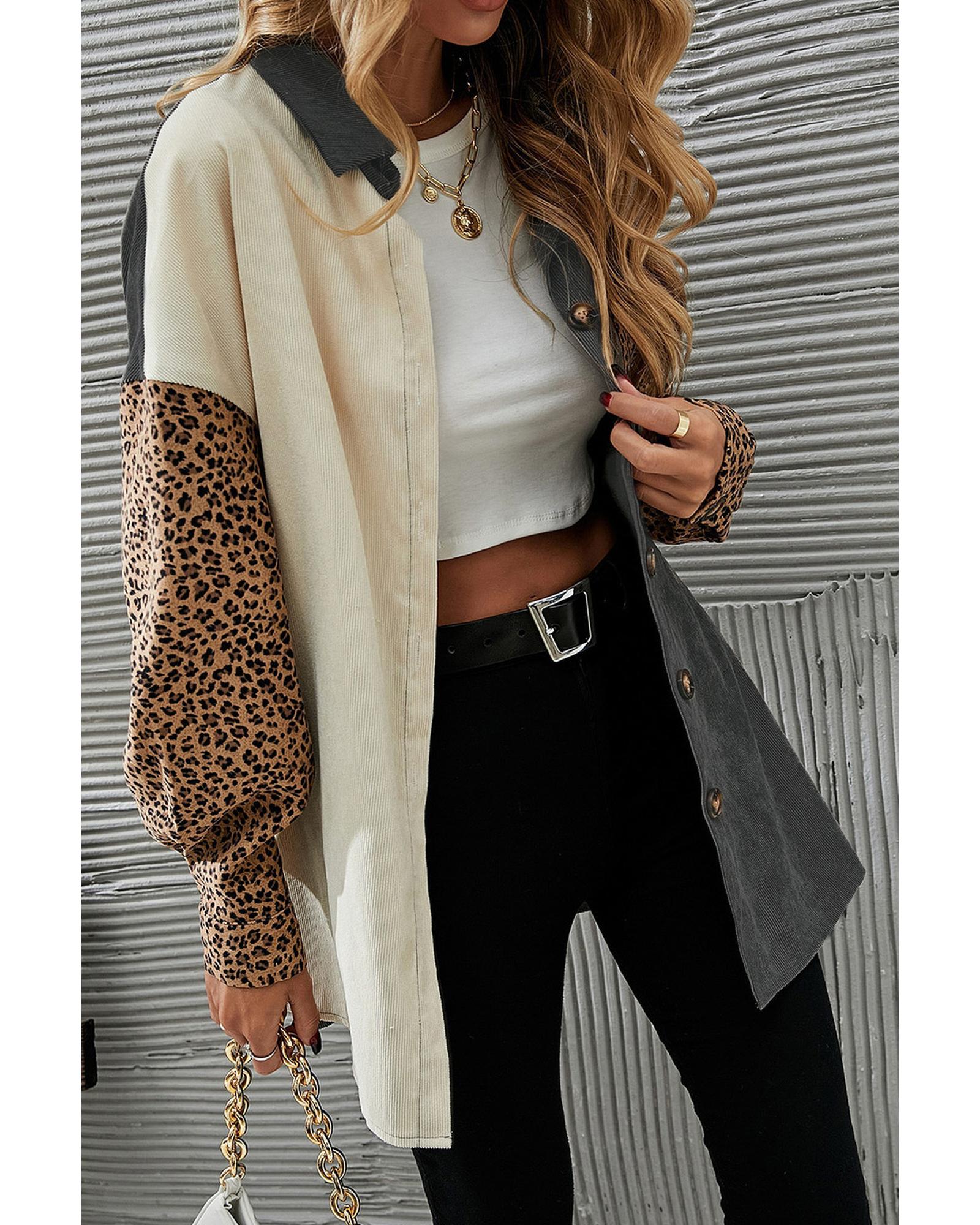 Gray Color Block Leopard Patched Corduroy Shacket - S