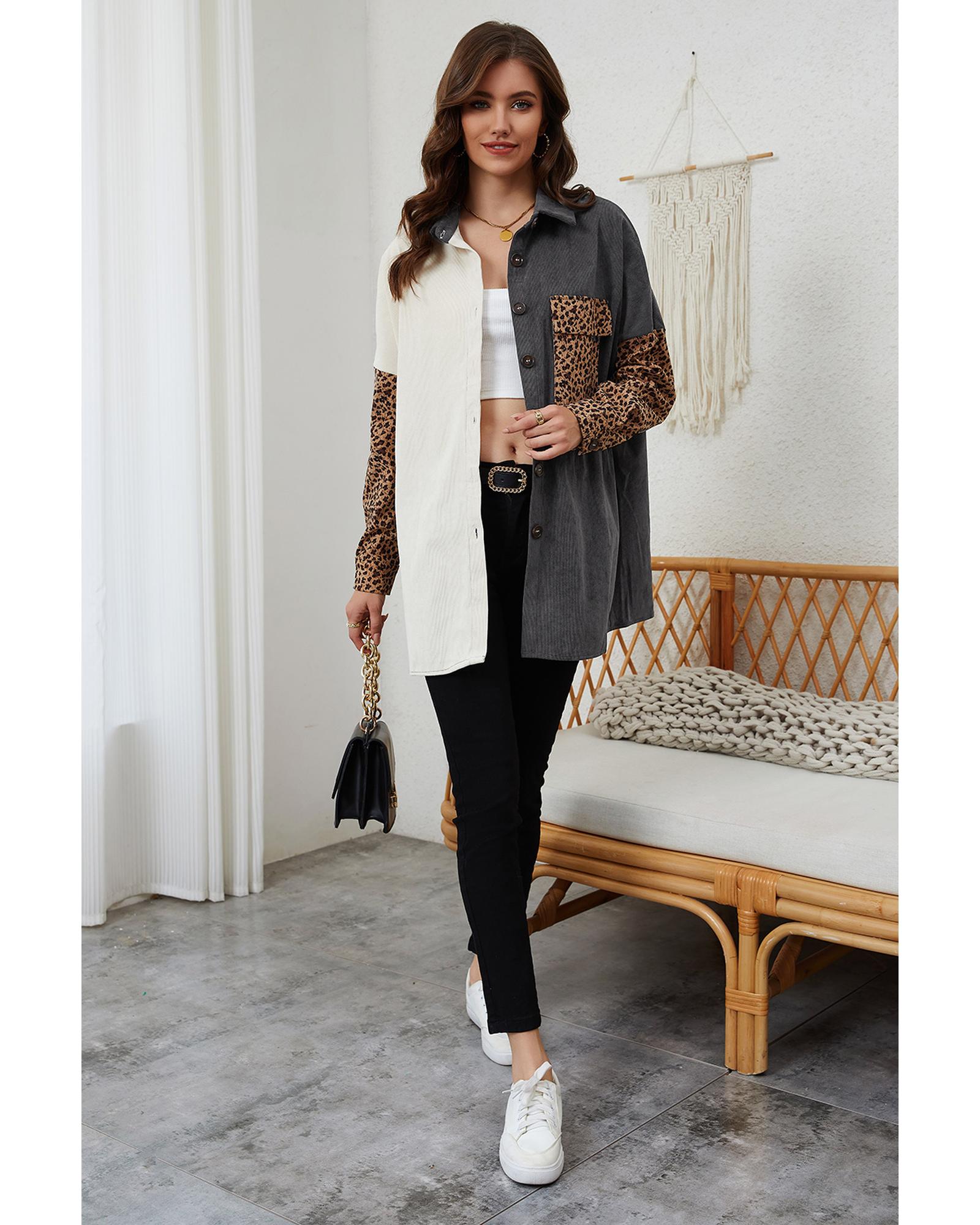 Gray Color Block Leopard Patched Corduroy Shacket - S