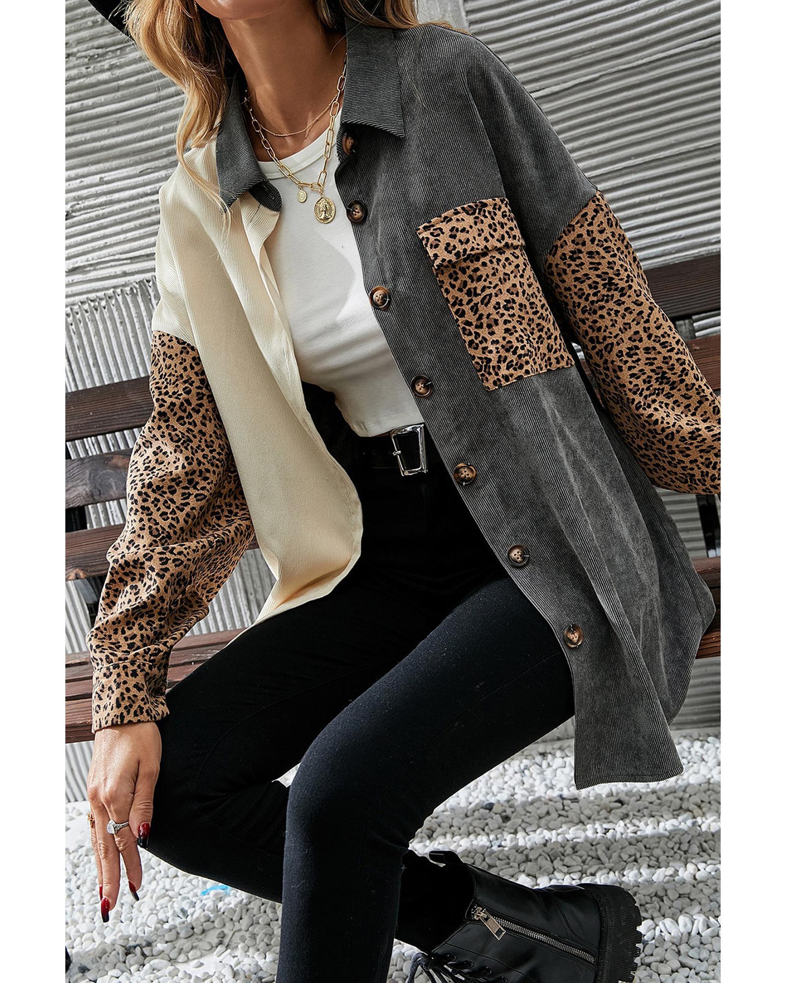 Gray Color Block Leopard Patched Corduroy Shacket - S