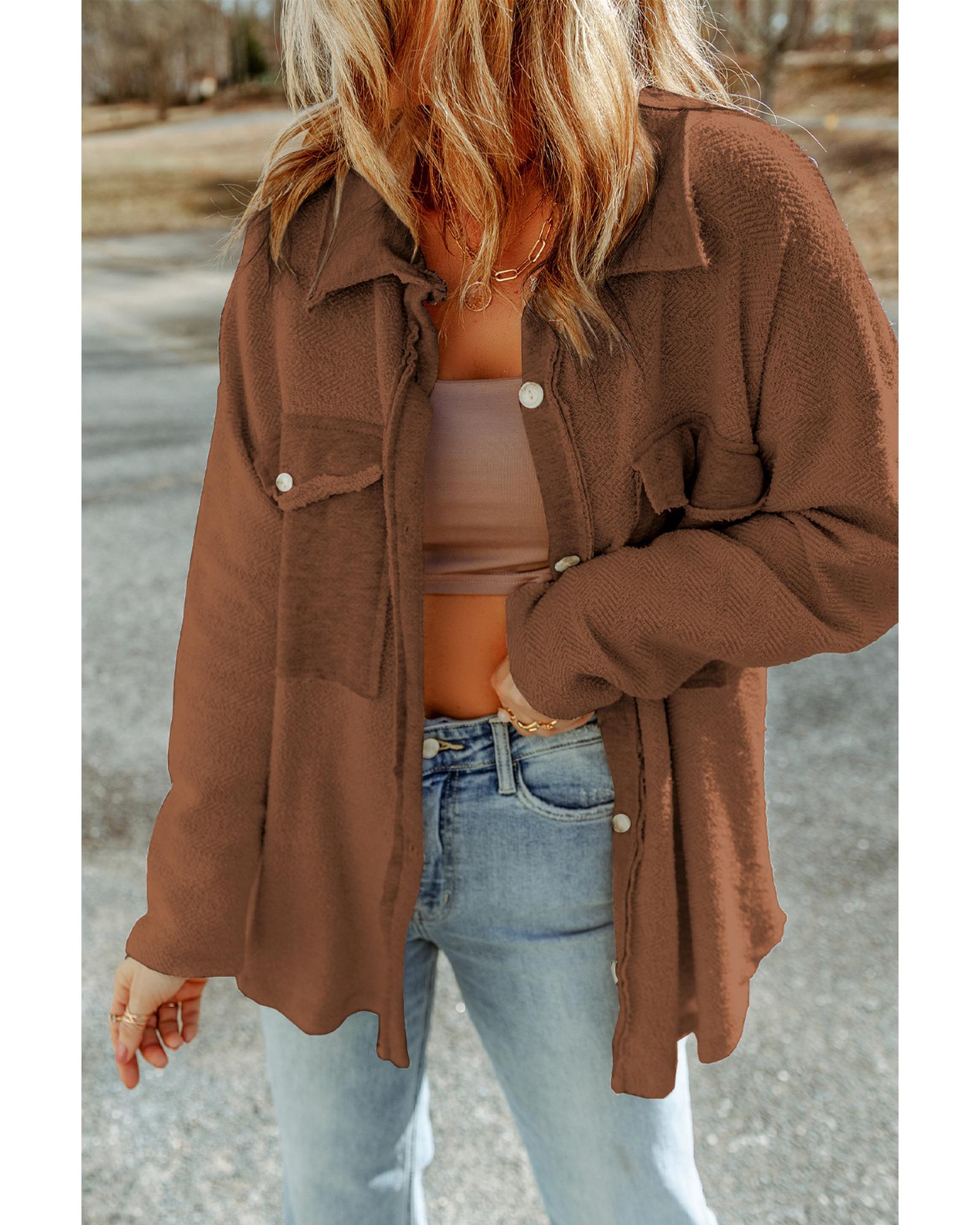 Azura Exchange Brown Contrast Flap Pockets Relaxed Shacket - M