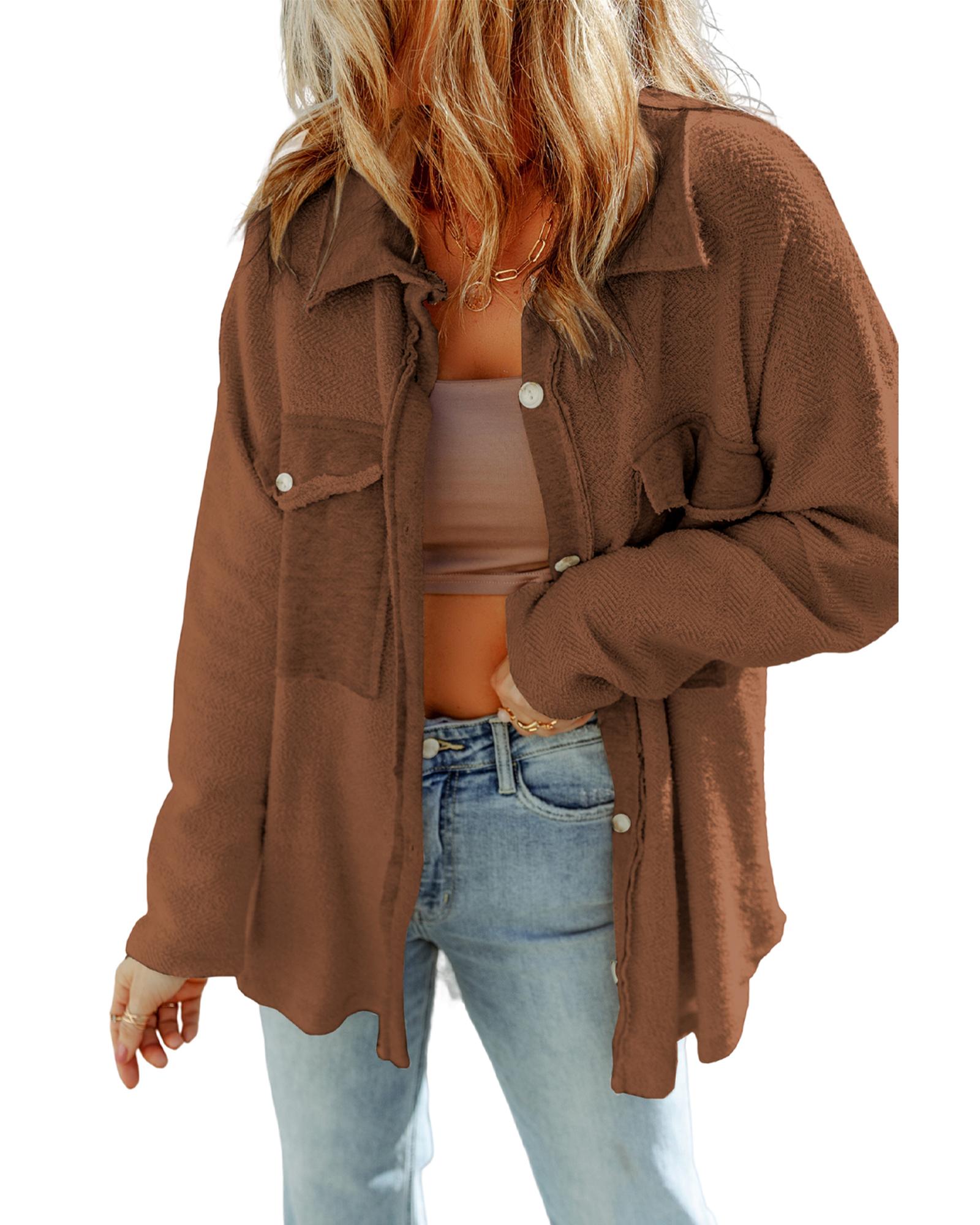 Azura Exchange Brown Contrast Flap Pockets Relaxed Shacket - M