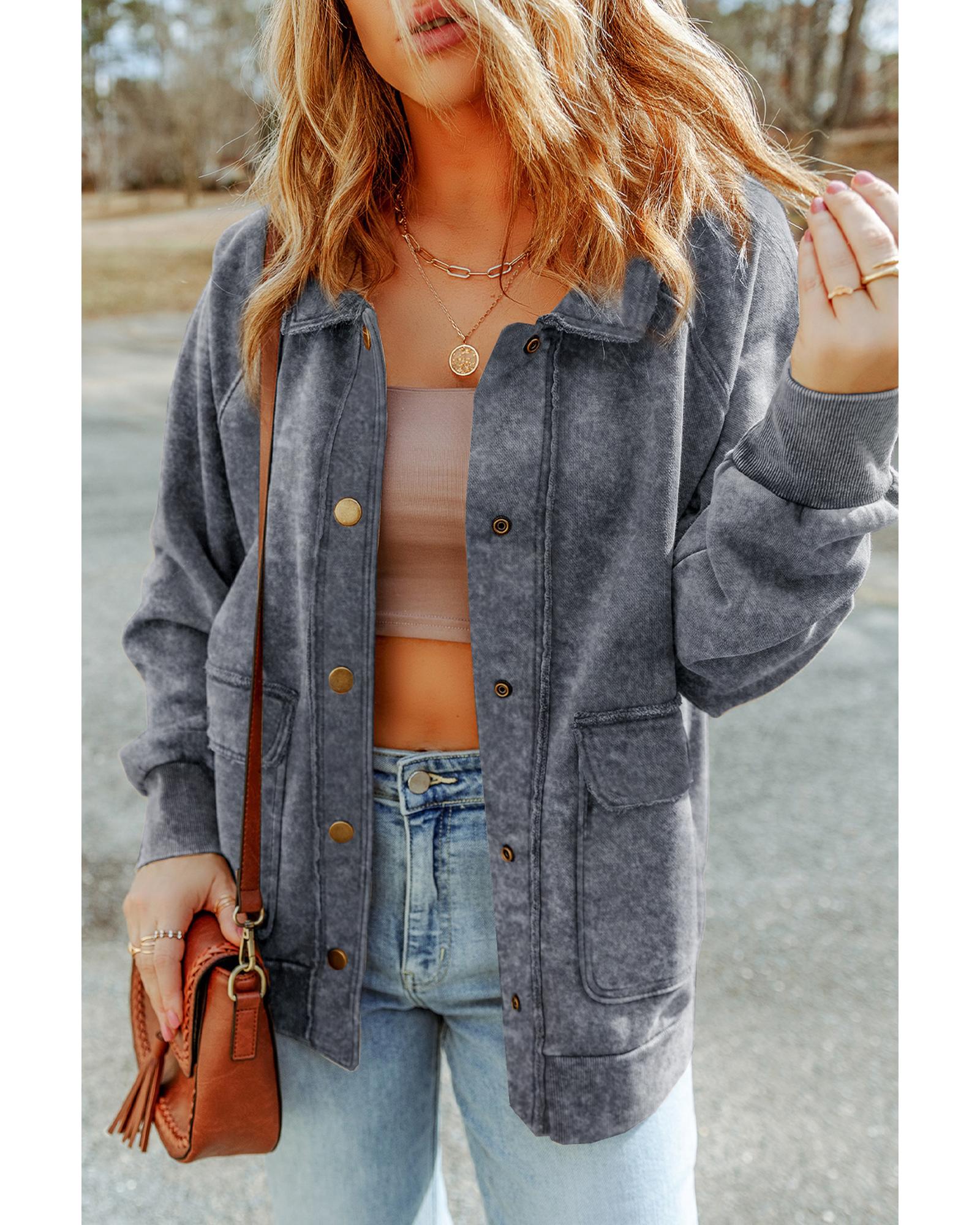 Gray Vintage Washed Flap Pocket Button Shacket - L