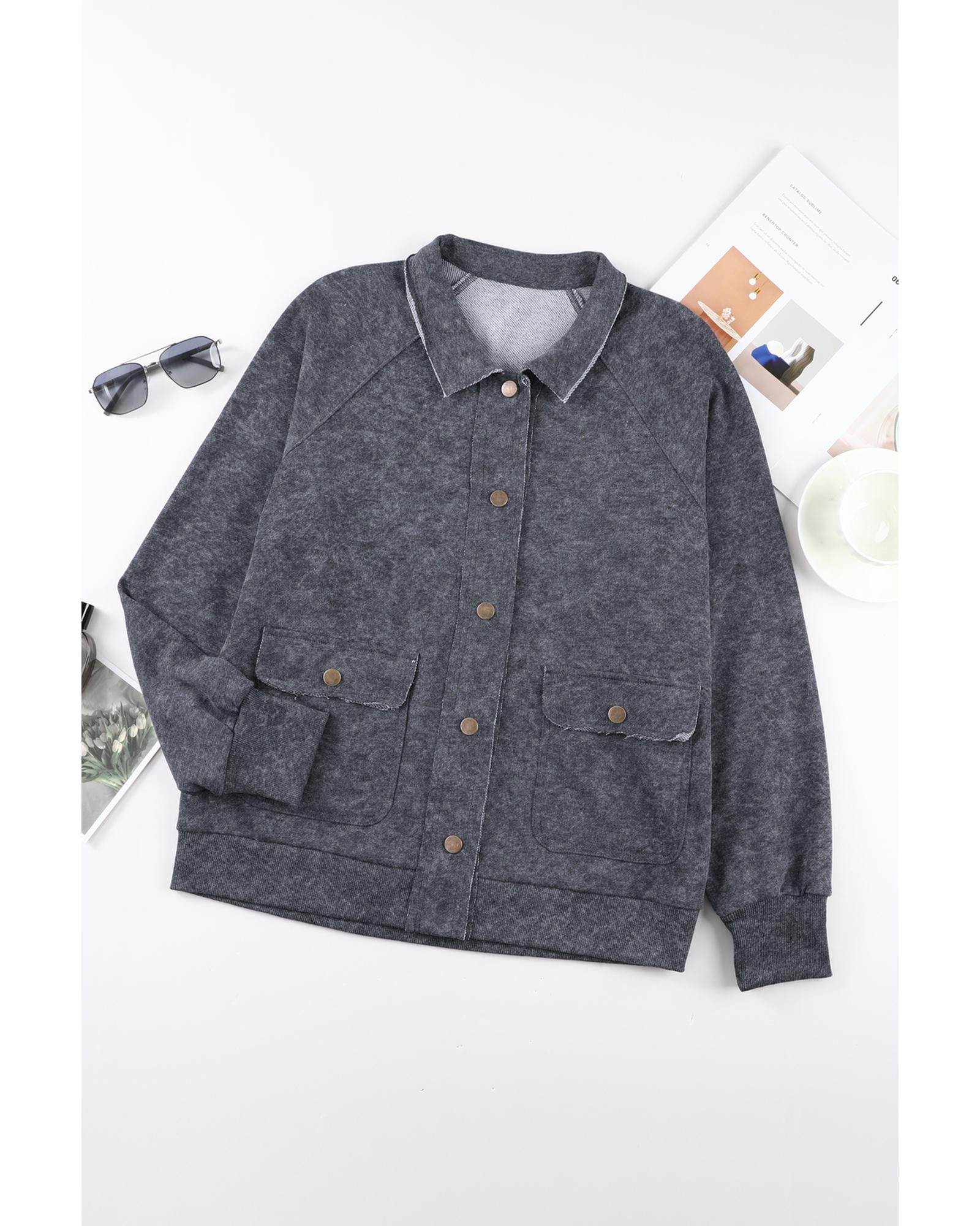 Gray Vintage Washed Flap Pocket Button Shacket - S