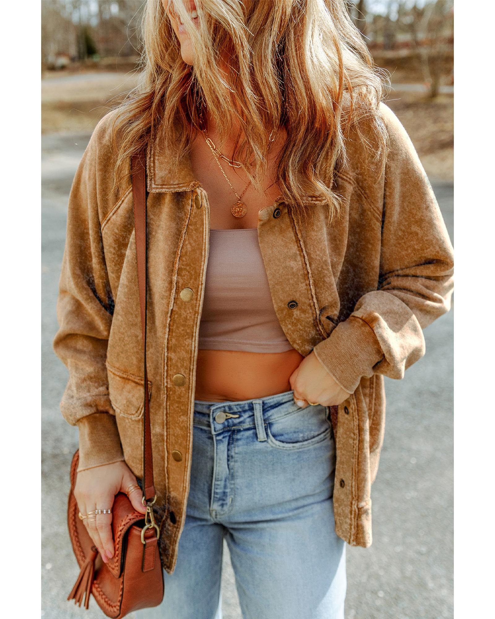 Khaki Vintage Washed Flap Pocket Button Shacket - L