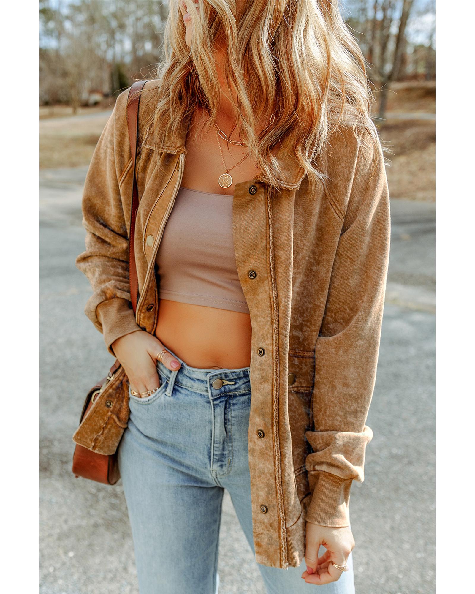 Khaki Vintage Washed Flap Pocket Button Shacket - M