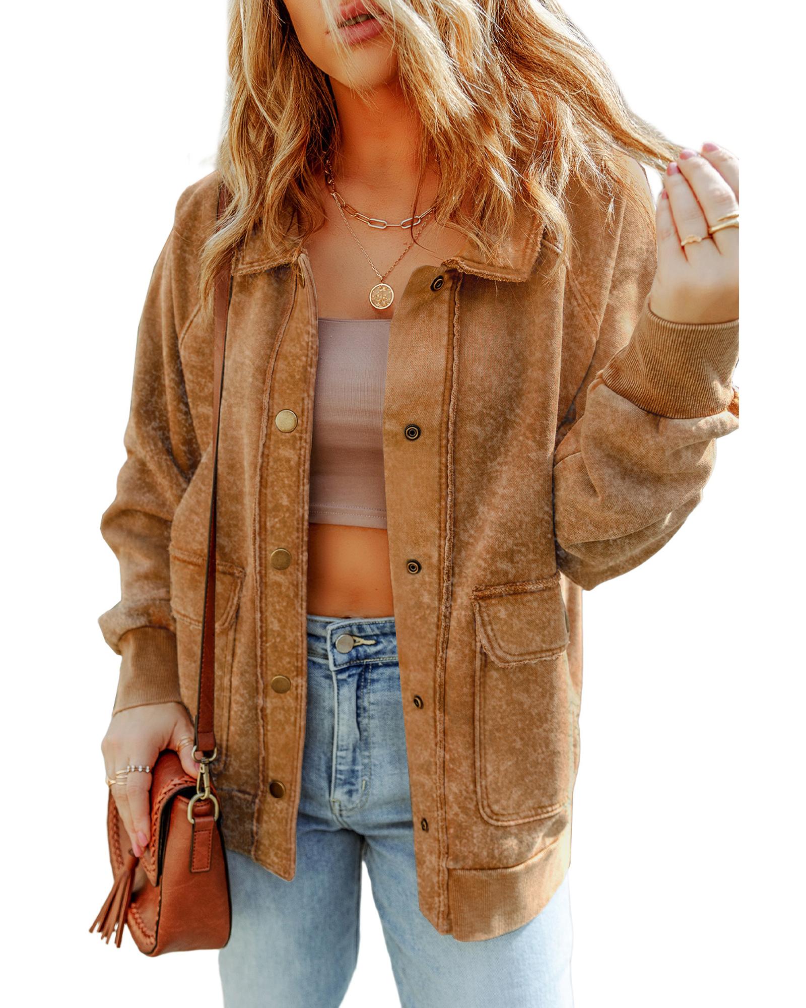 Khaki Vintage Washed Flap Pocket Button Shacket - S