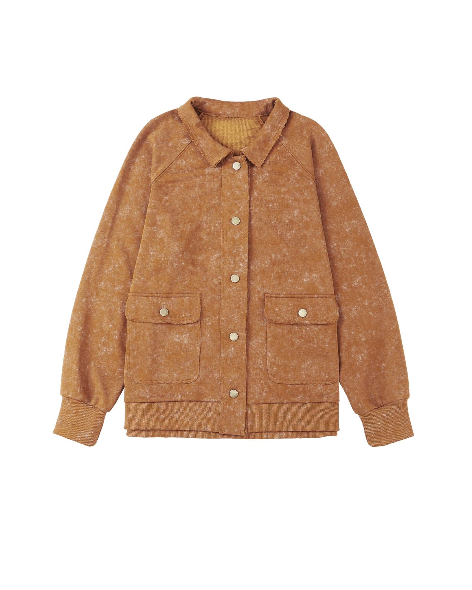 Khaki Vintage Washed Flap Pocket Button Shacket - XL
