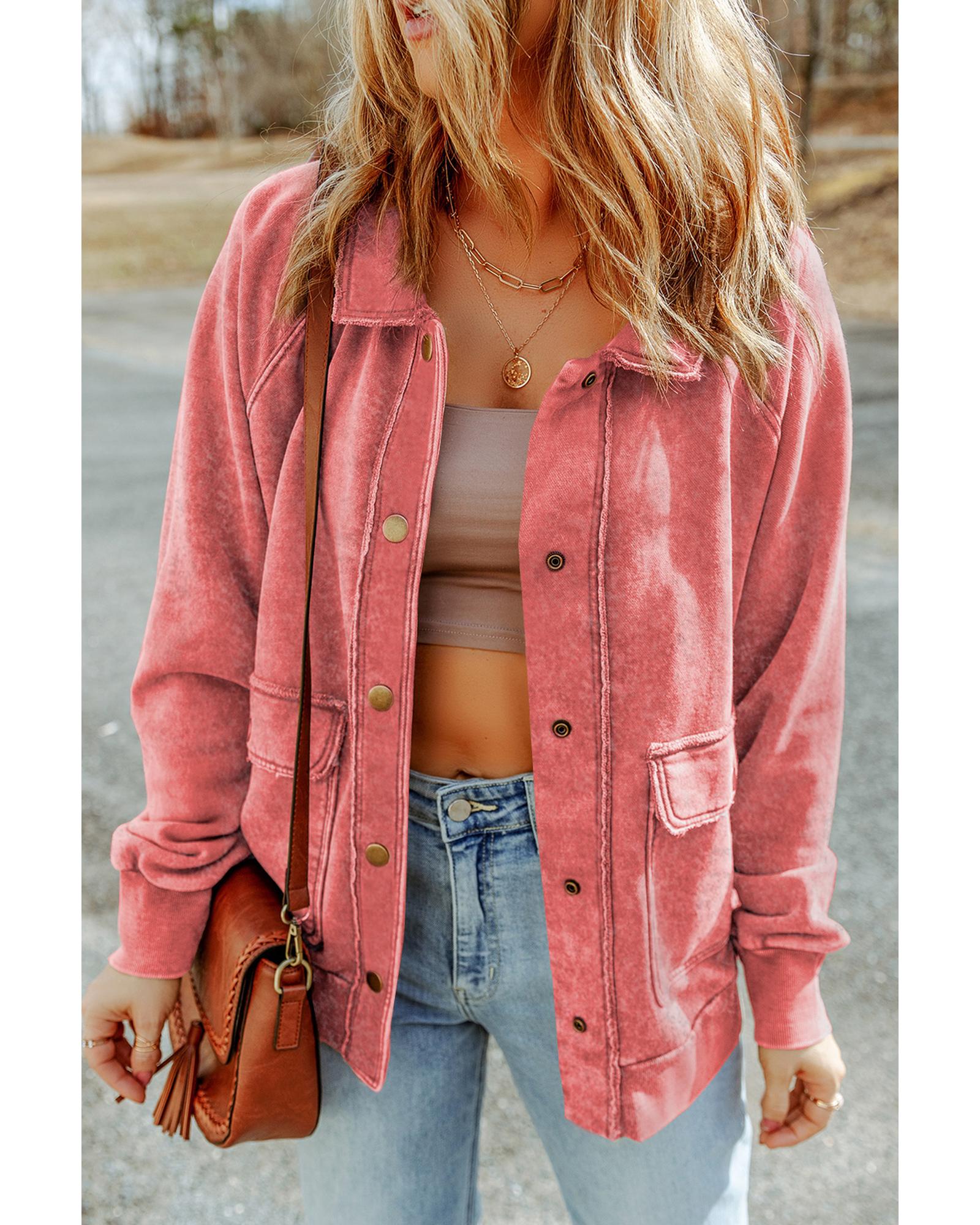 Red Vintage Washed Flap Pocket Button Shacket - 2XL