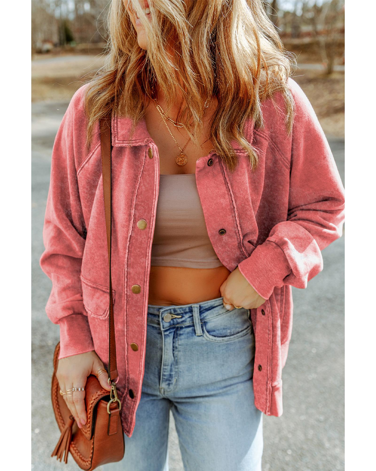 Red Vintage Washed Flap Pocket Button Shacket - S