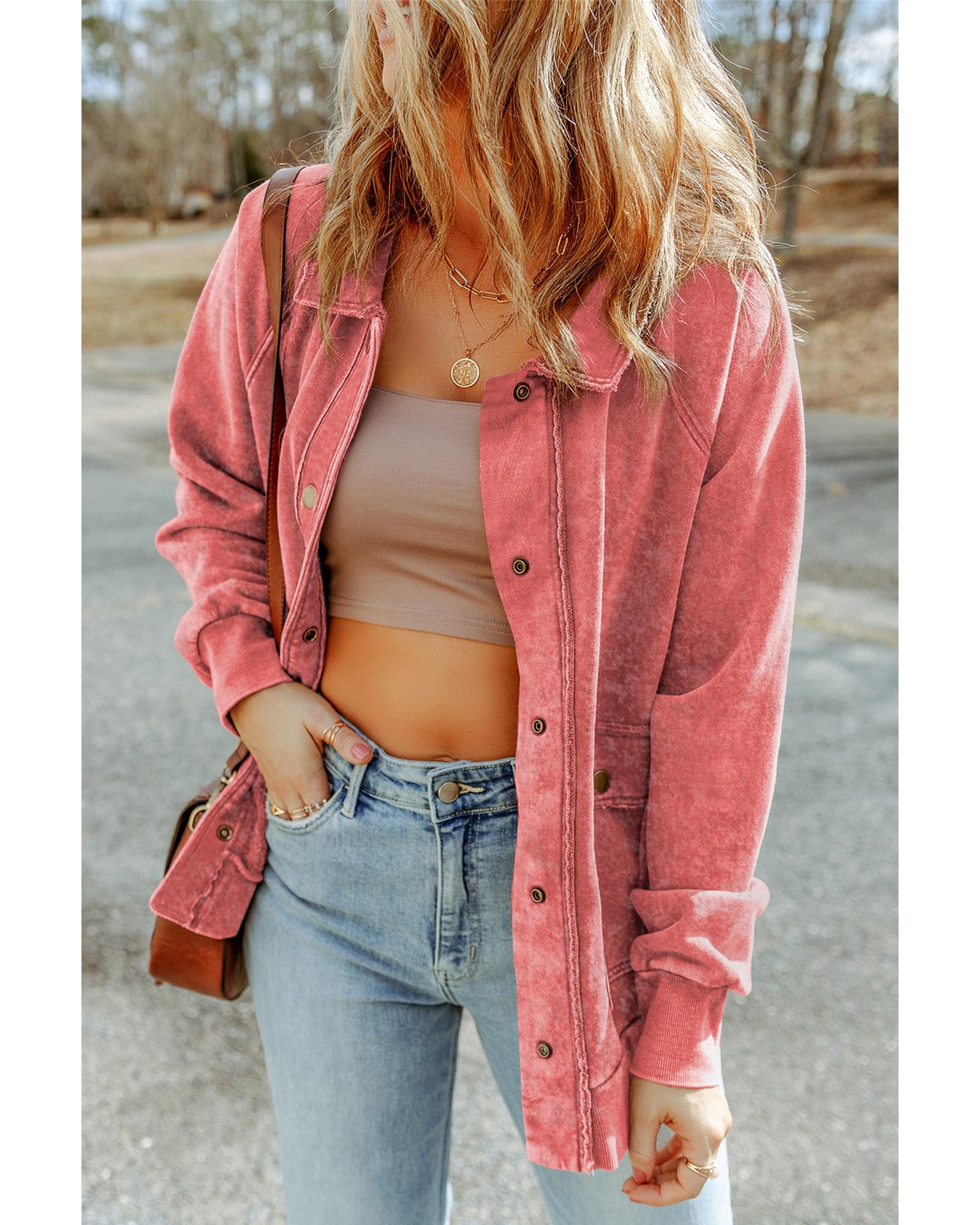 Red Vintage Washed Flap Pocket Button Shacket - S