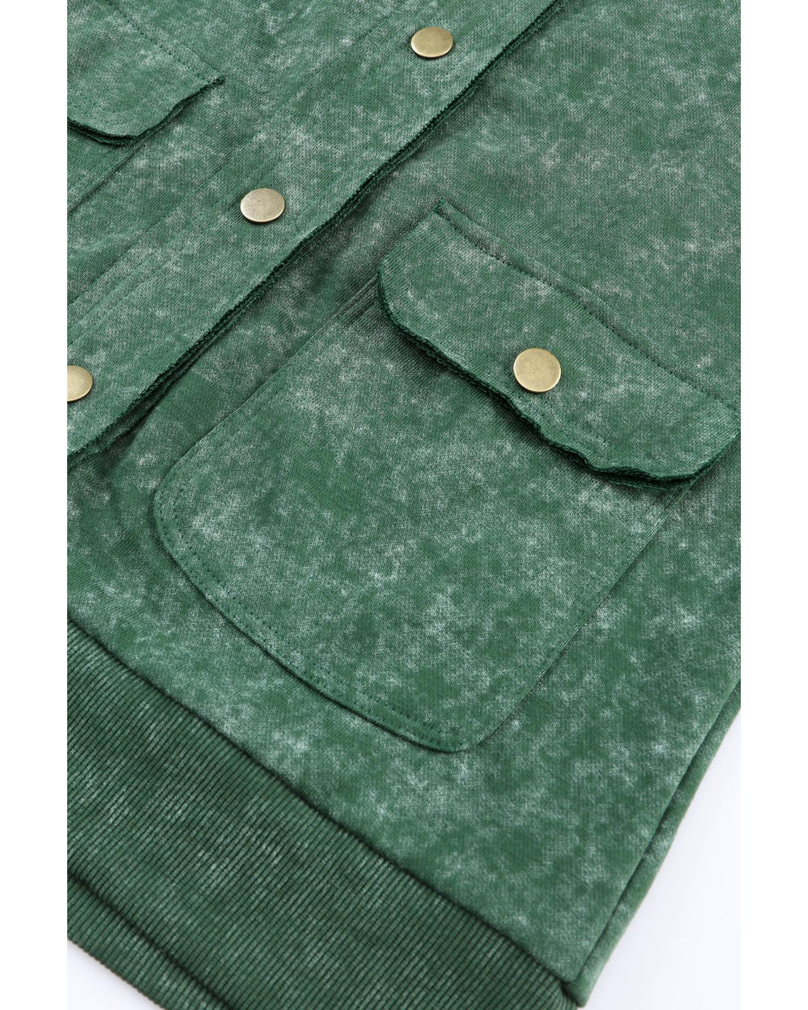 Green Vintage Washed Flap Pocket Button Shacket - 2XL