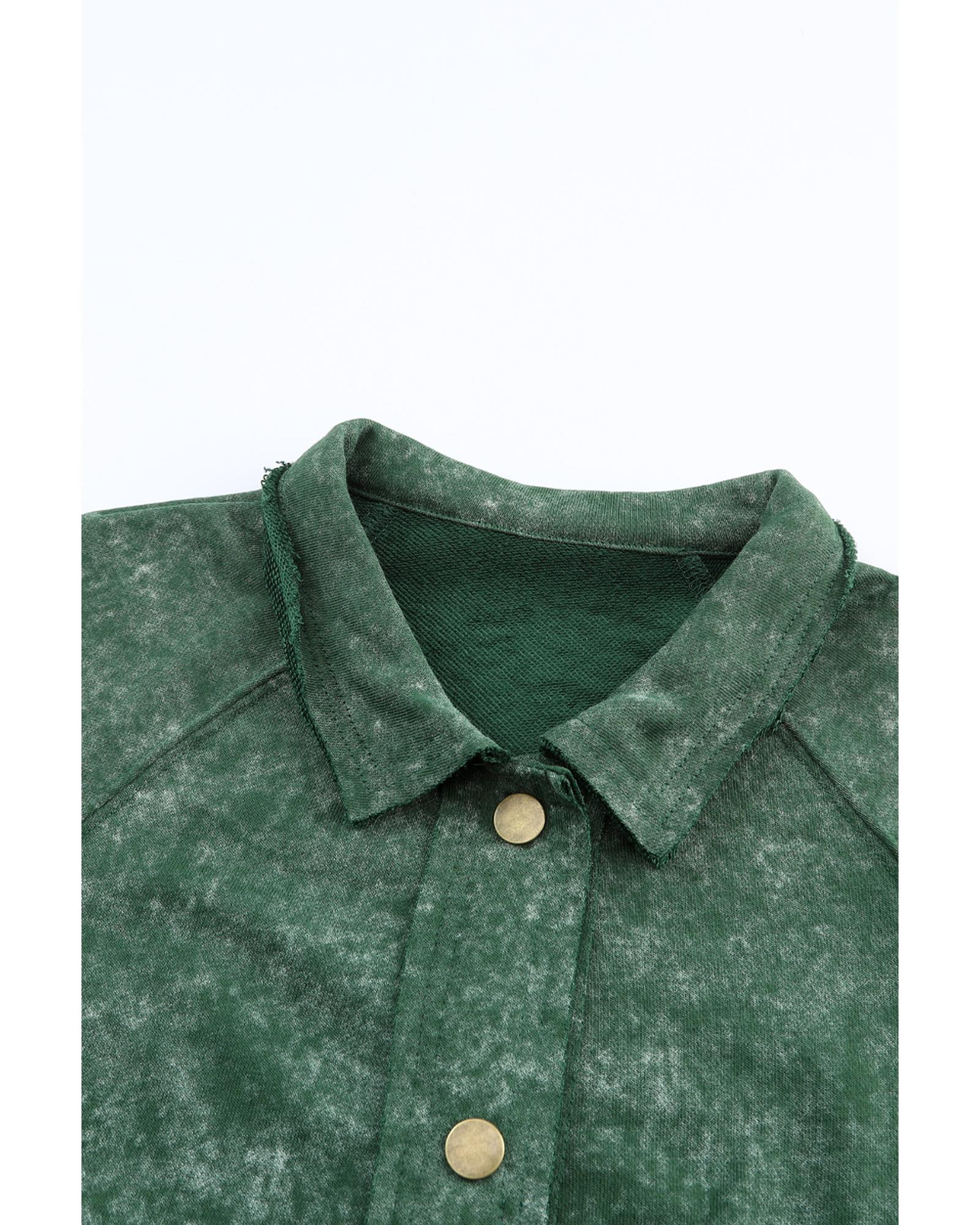 Green Vintage Washed Flap Pocket Button Shacket - M