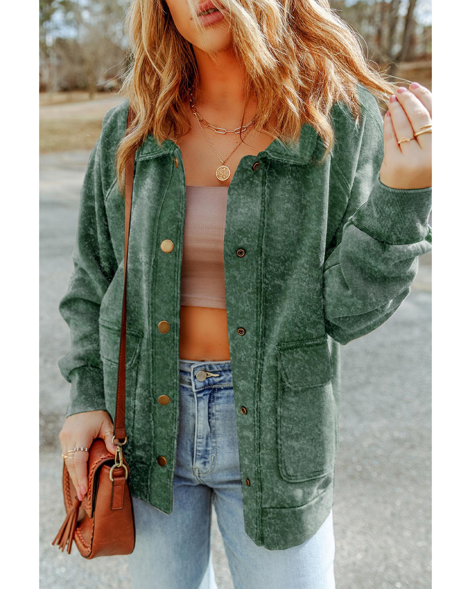Green Vintage Washed Flap Pocket Button Shacket - M