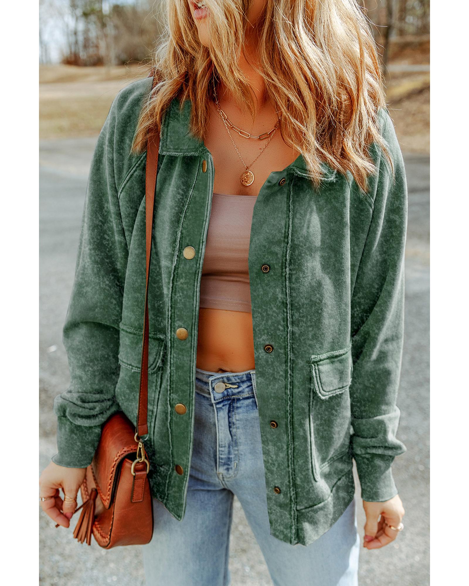 Green Vintage Washed Flap Pocket Button Shacket - S