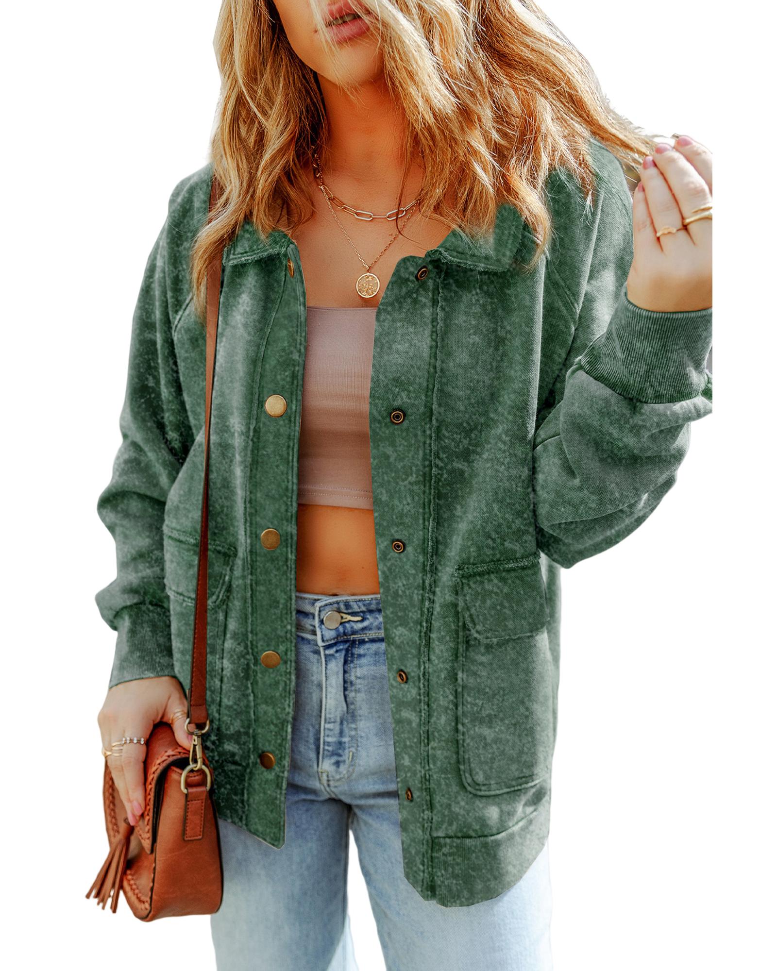Green Vintage Washed Flap Pocket Button Shacket - S