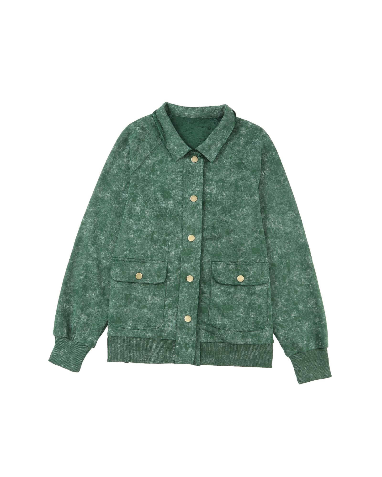Green Vintage Washed Flap Pocket Button Shacket - S