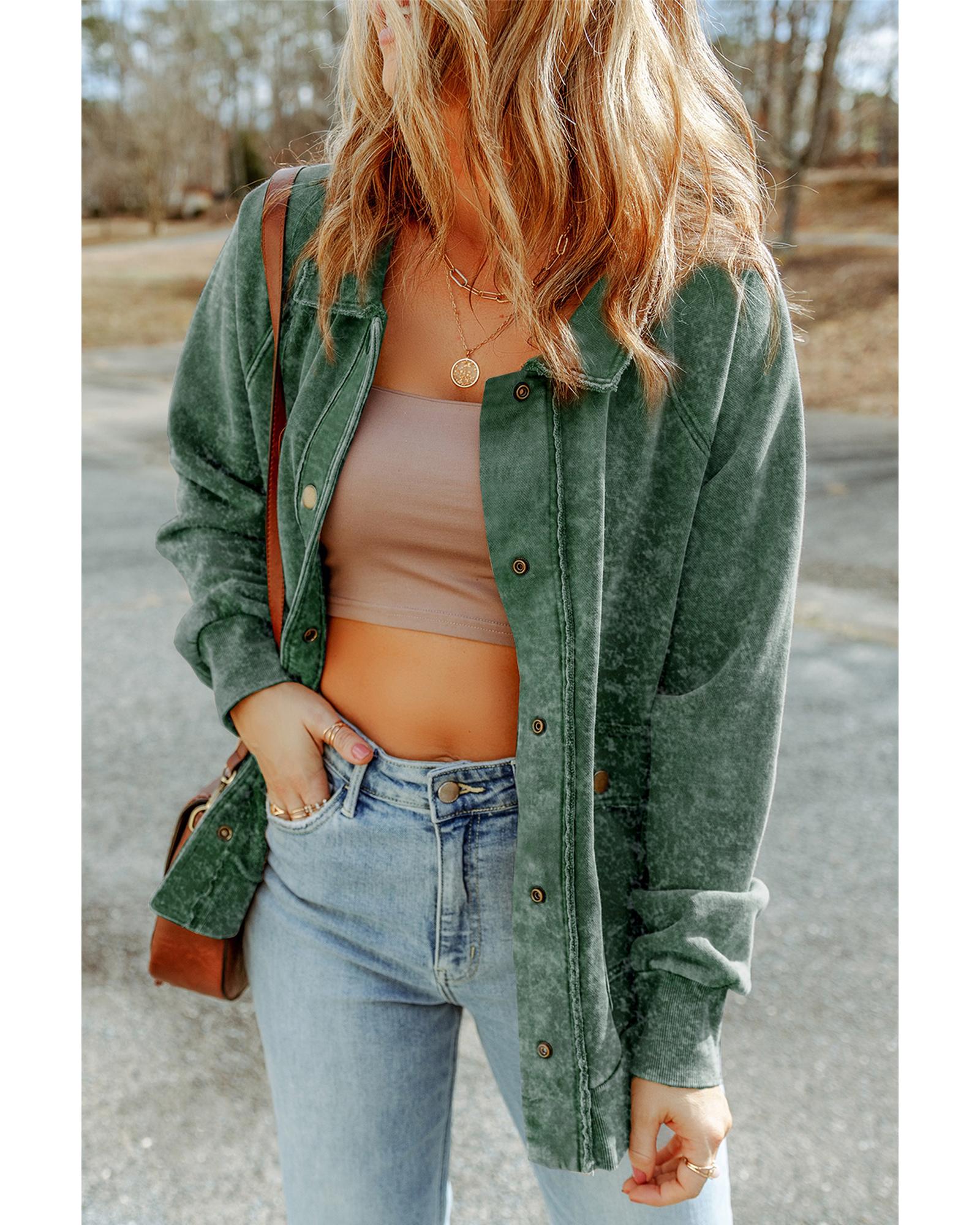 Green Vintage Washed Flap Pocket Button Shacket - S