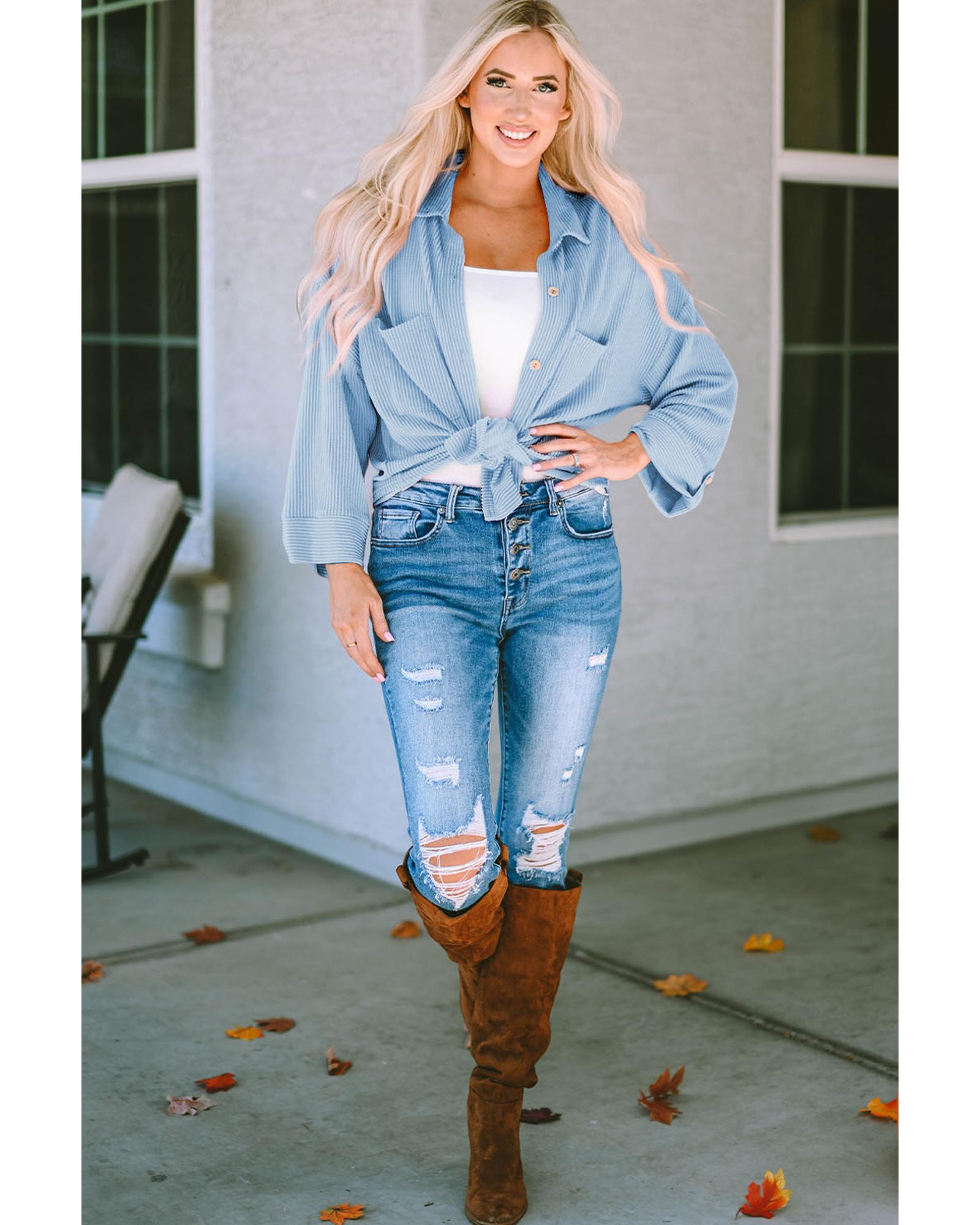 Sky Blue Roll Tab Sleeve Ribbed Cording Shacket - M