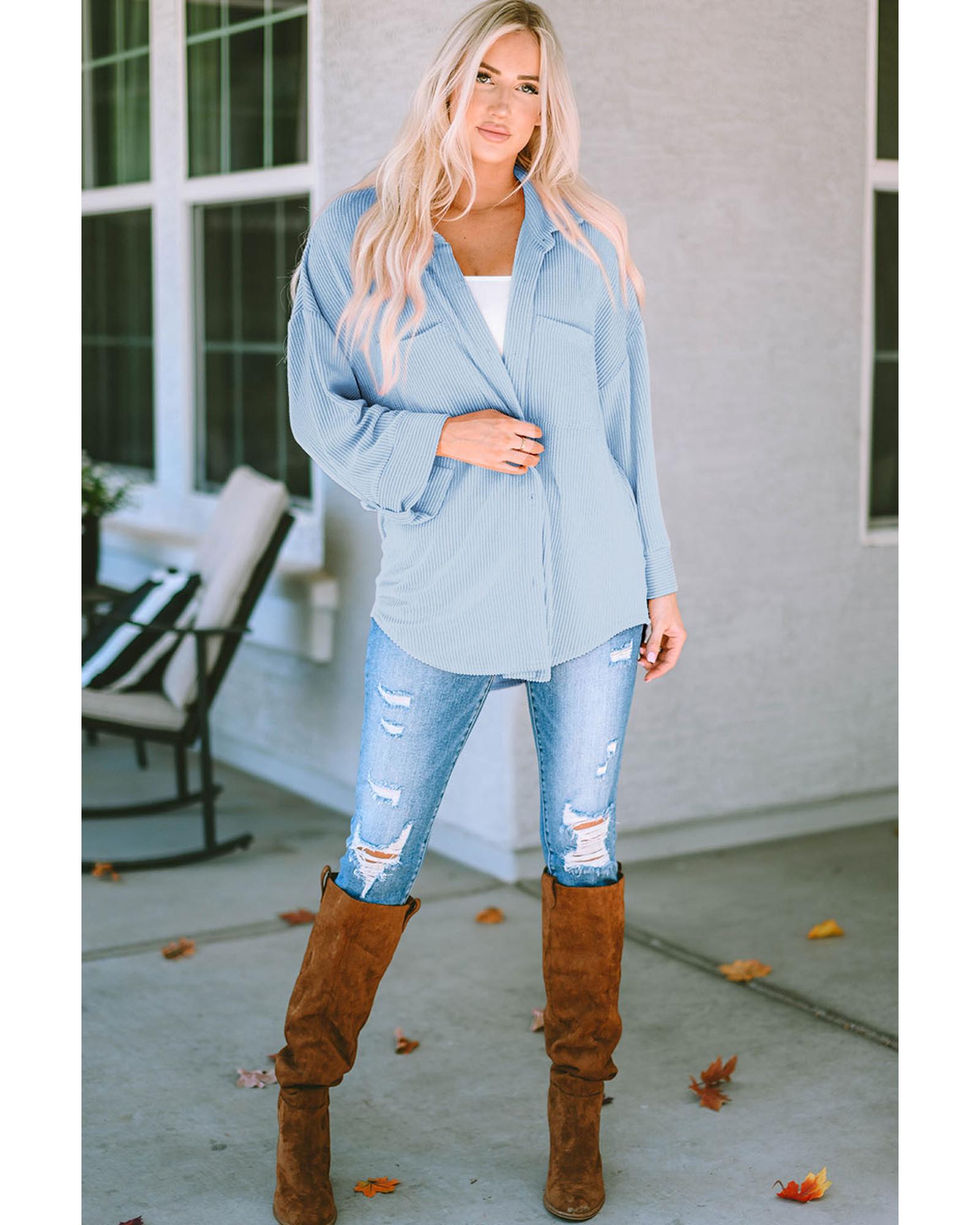 Sky Blue Roll Tab Sleeve Ribbed Cording Shacket - S